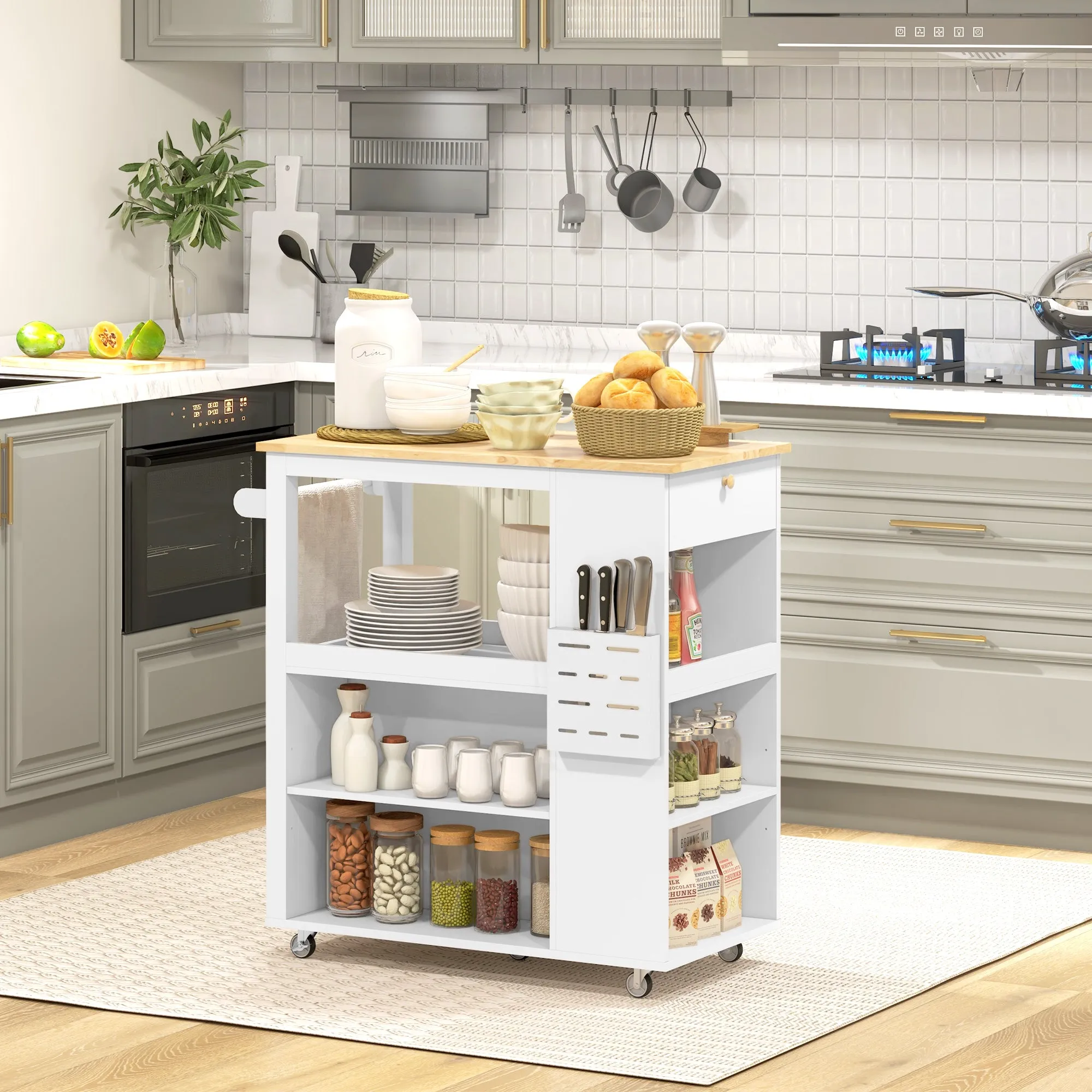 Kitchen Island Cart with Adjustable Shelves, Knife Holder and Wooden Top, 86.5x47x88 cm, White - Image 2