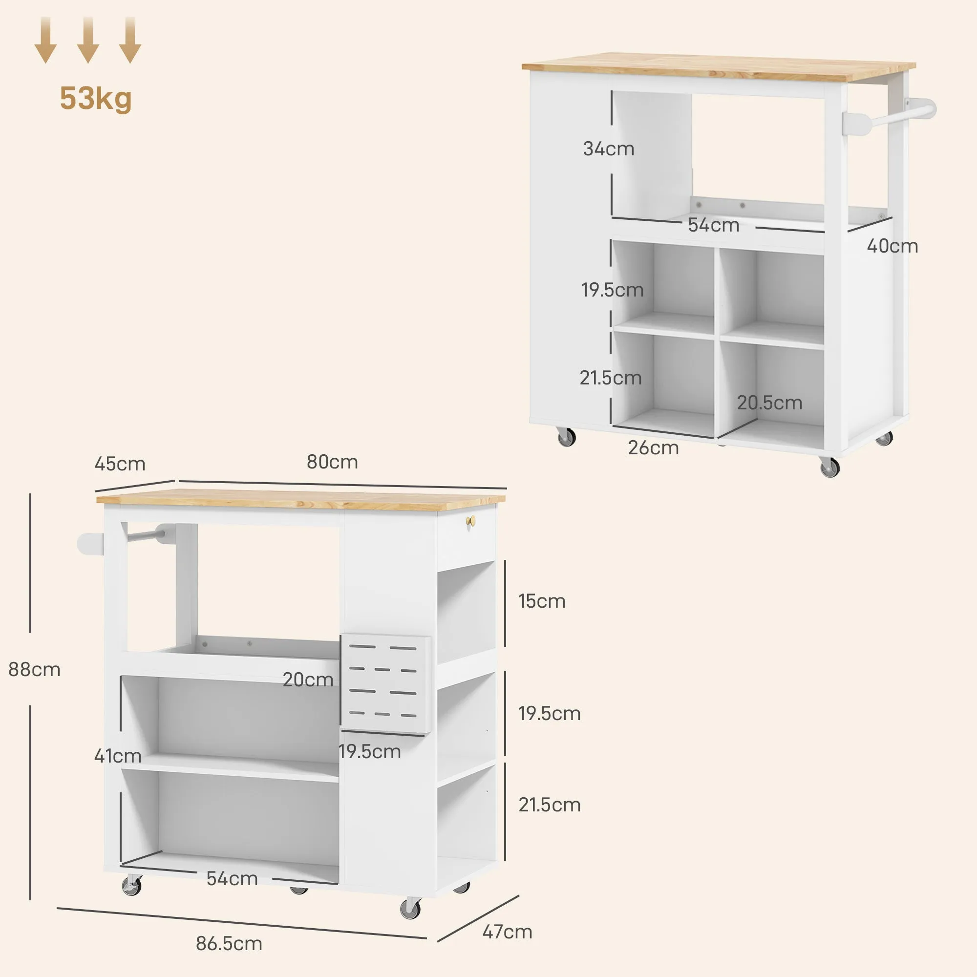 Kitchen Island Cart with Adjustable Shelves, Knife Holder and Wooden Top, 86.5x47x88 cm, White - Image 3