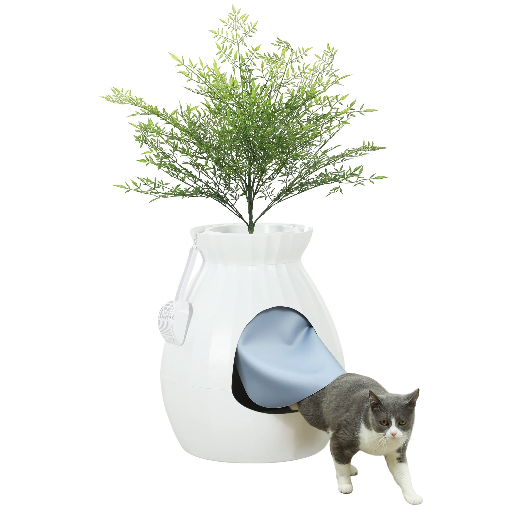 Odor-Resistant Cat Litter Box with Scoop, Pot-Shaped, Made of ABS and Stainless Steel, 50x48.5x58.7 cm, White