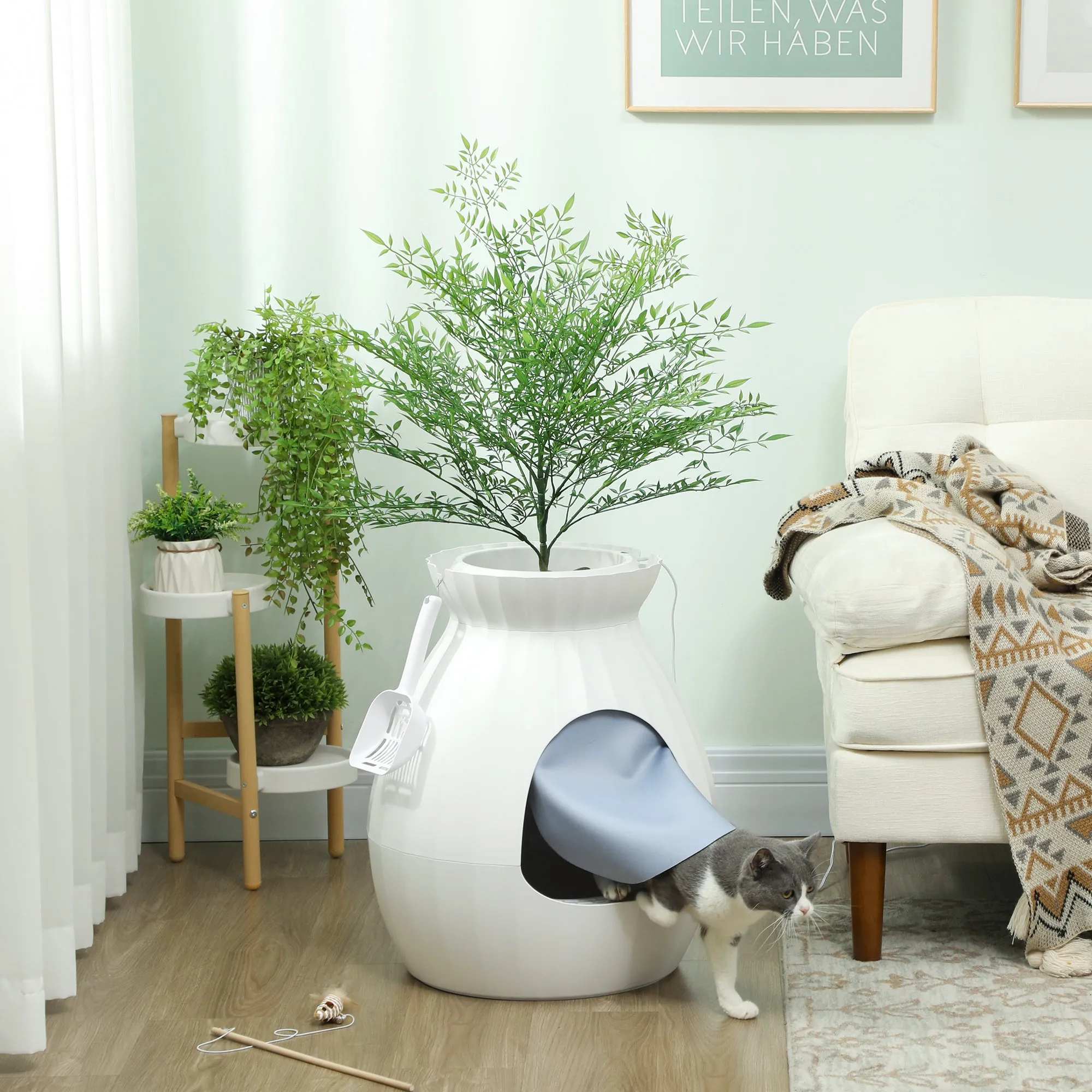 Odor-Resistant Cat Litter Box with Scoop, Pot-Shaped, Made of ABS and Stainless Steel, 50x48.5x58.7 cm, White - Image 2