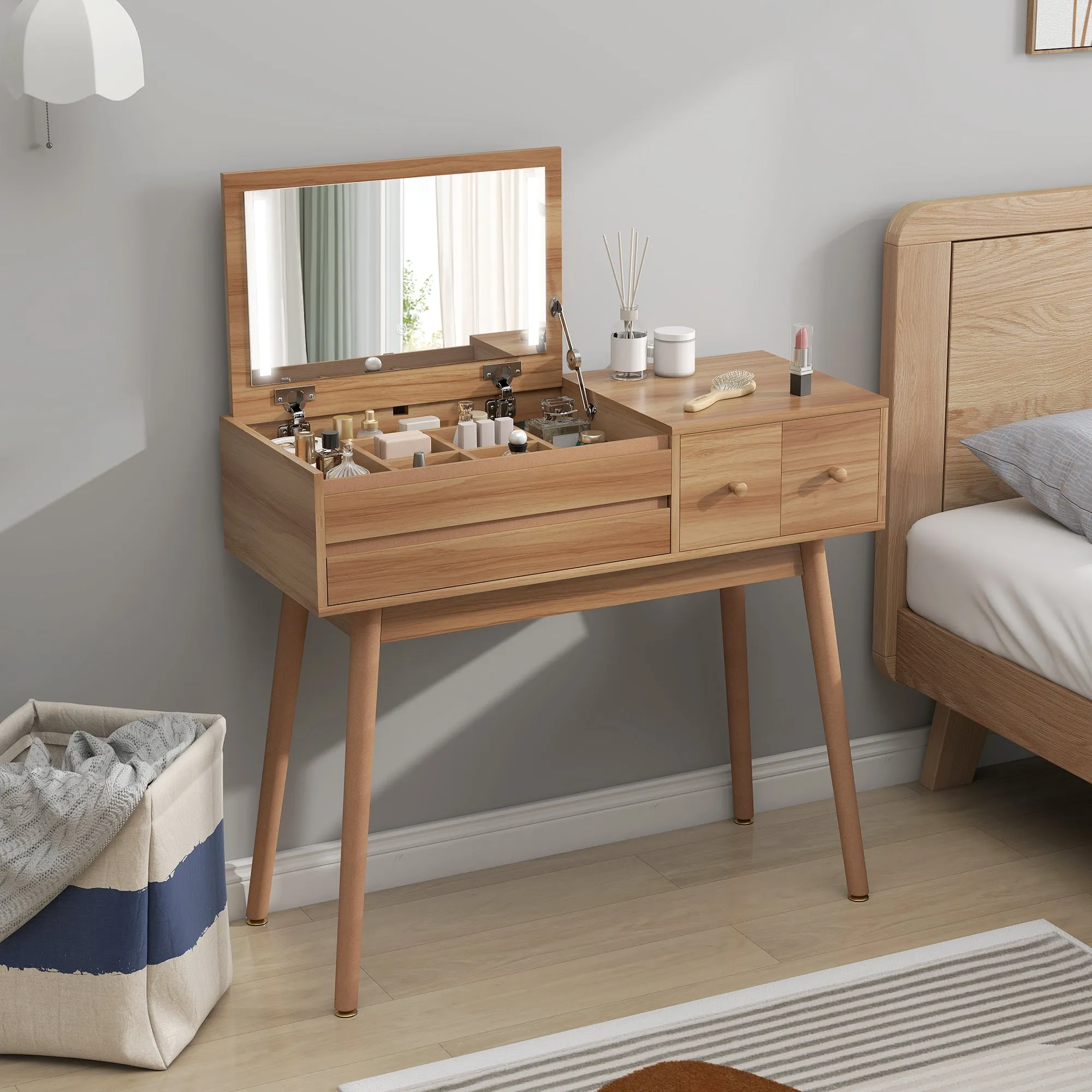 Wooden Dressing Table with LED Mirror and Storage, 100x40x87 cm - Image 2
