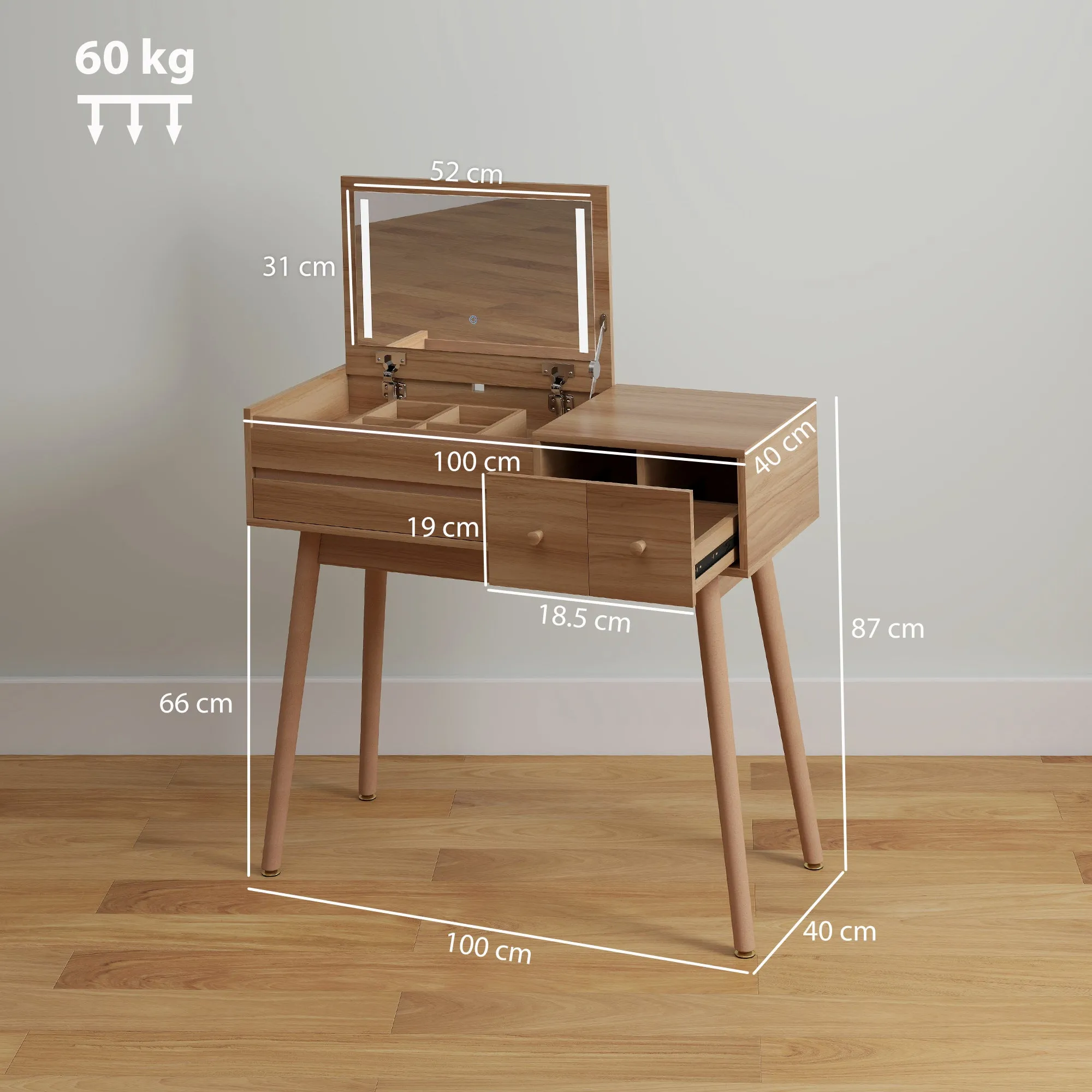 Wooden Dressing Table with LED Mirror and Storage, 100x40x87 cm - Image 3
