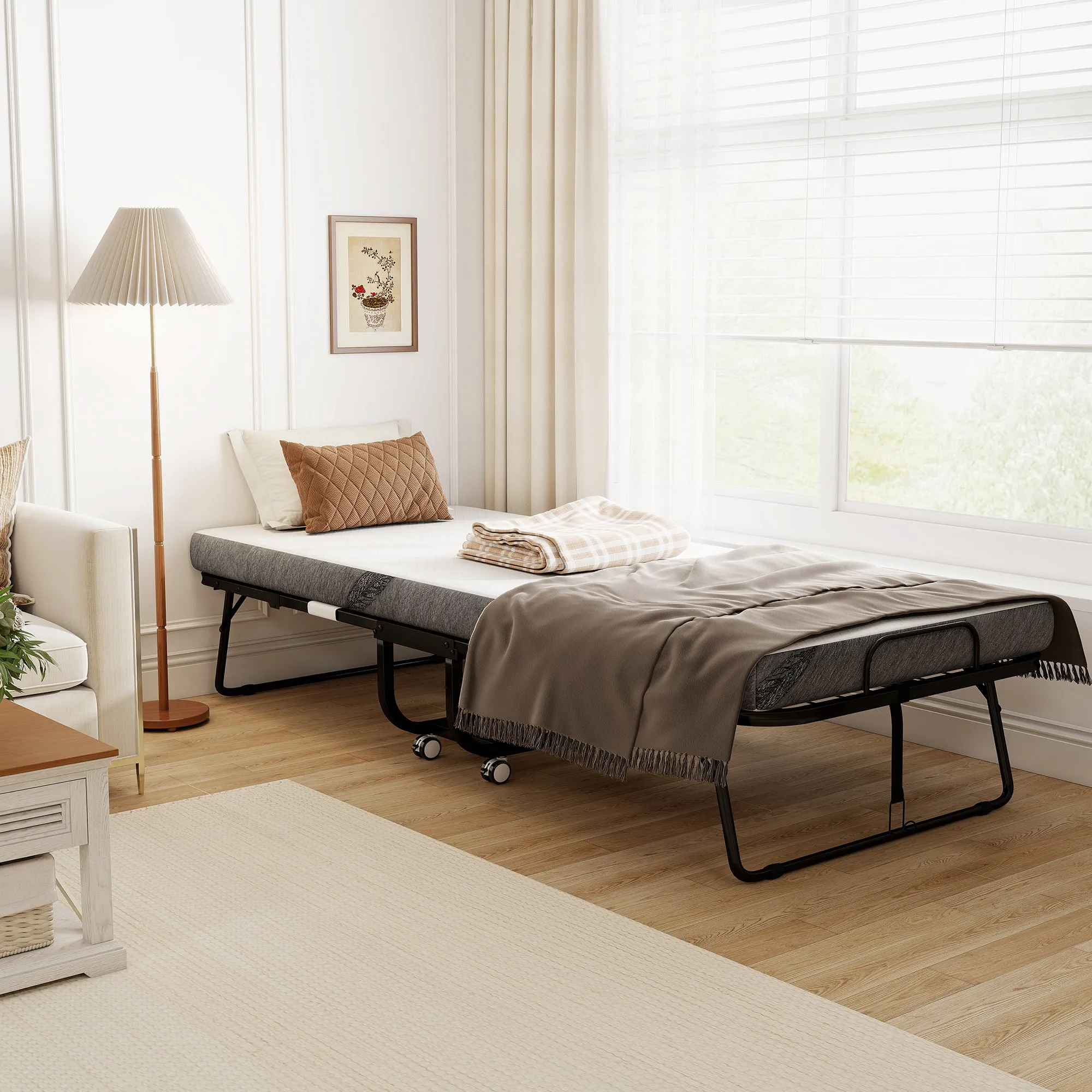 Folding Single Bed 90x200cm with 10cm Thick Mattress, Metal Base and Wheels with Brakes, Black - Image 2