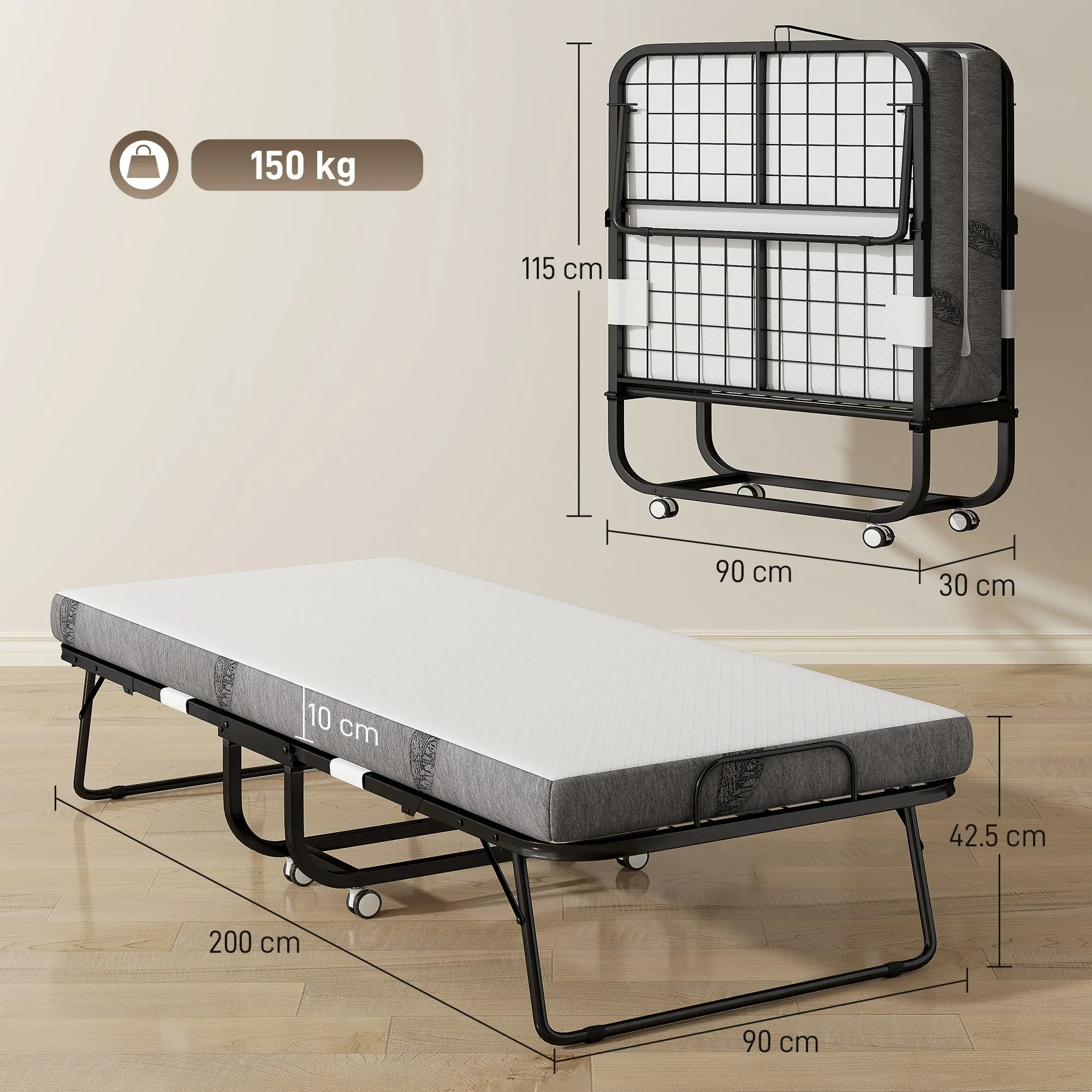 Folding Single Bed 90x200cm with 10cm Thick Mattress, Metal Base and Wheels with Brakes, Black - Image 3