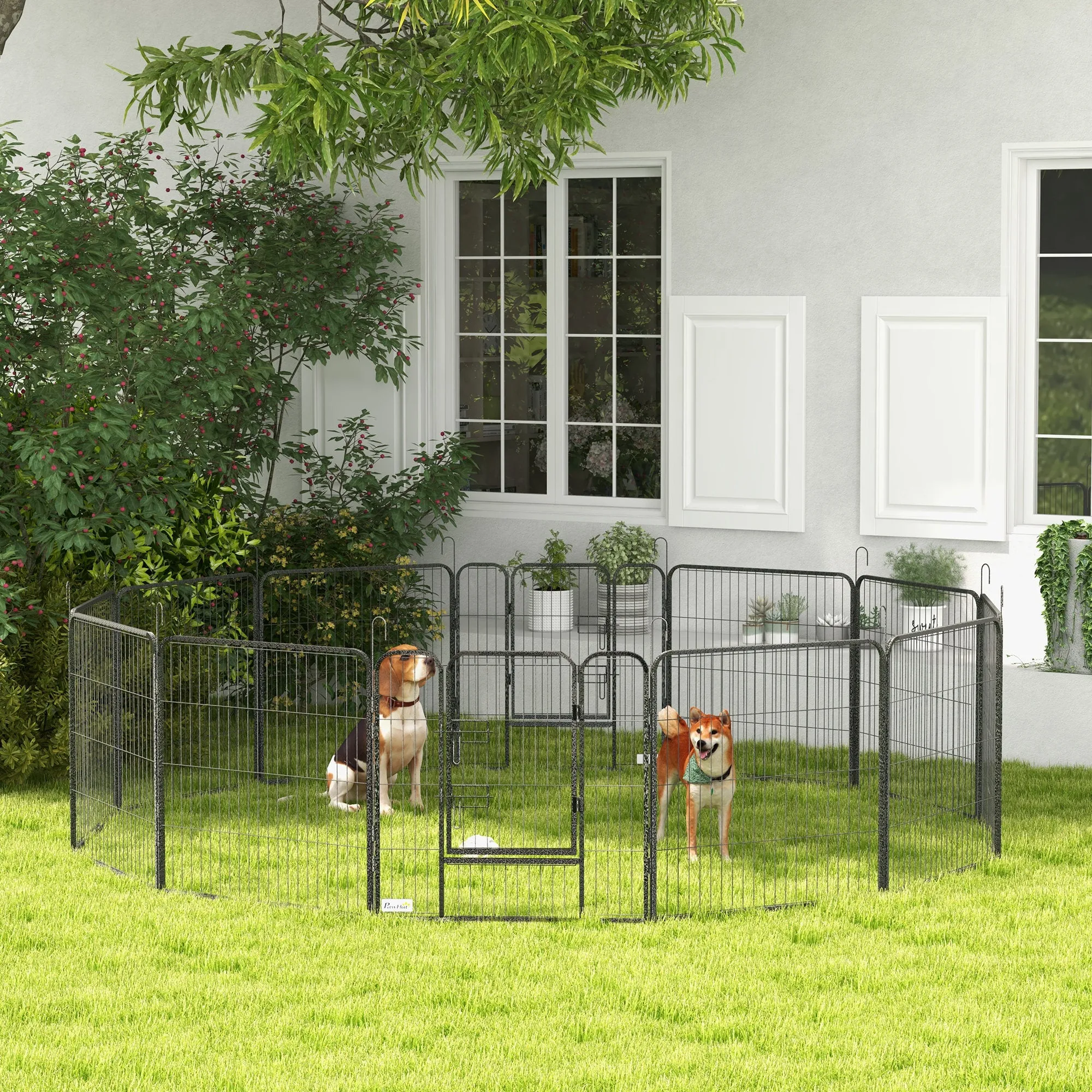 12-Panel Modular Dog Playpen, 80 x 1.5 x 80 cm, Foldable with Steel Door, 12 Pegs, Grey - Image 2