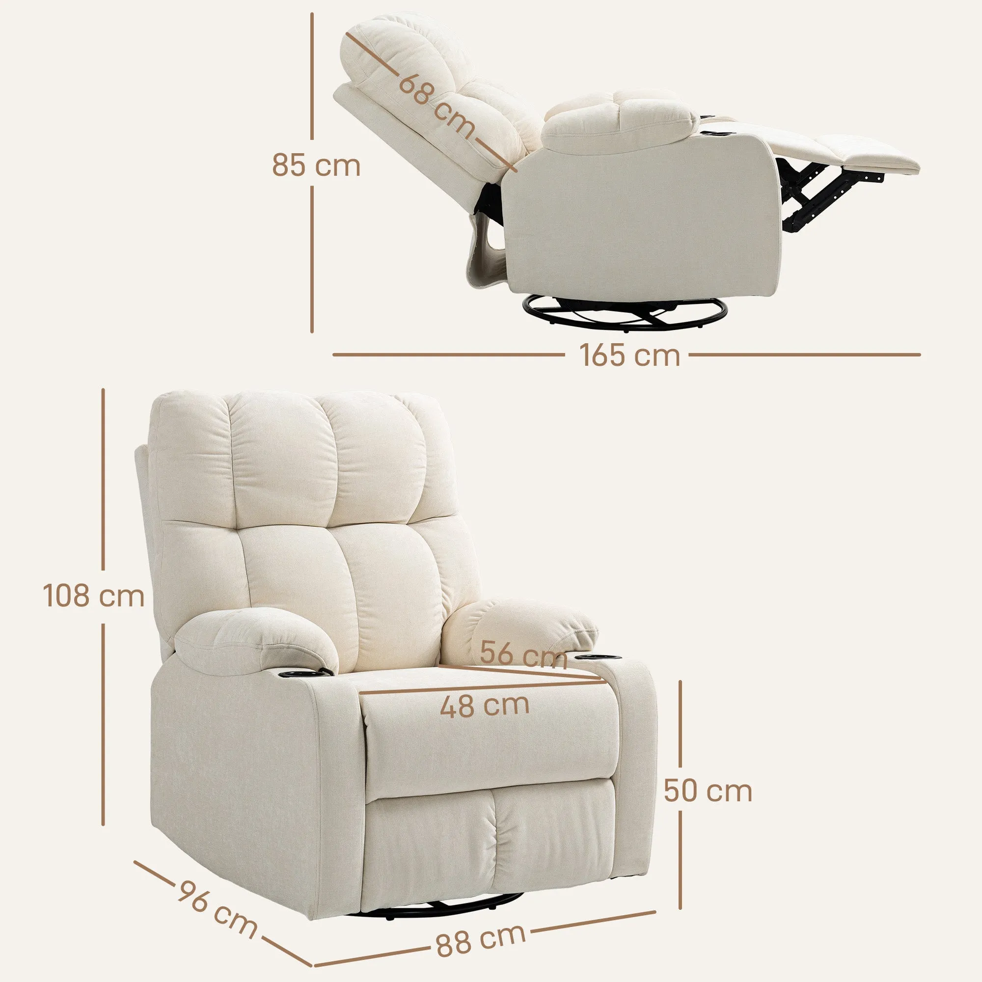 135° Reclining Chair with Cup Holder and Footrest, Linen Effect Fabric, 88x96x108 cm, Beige - Image 3