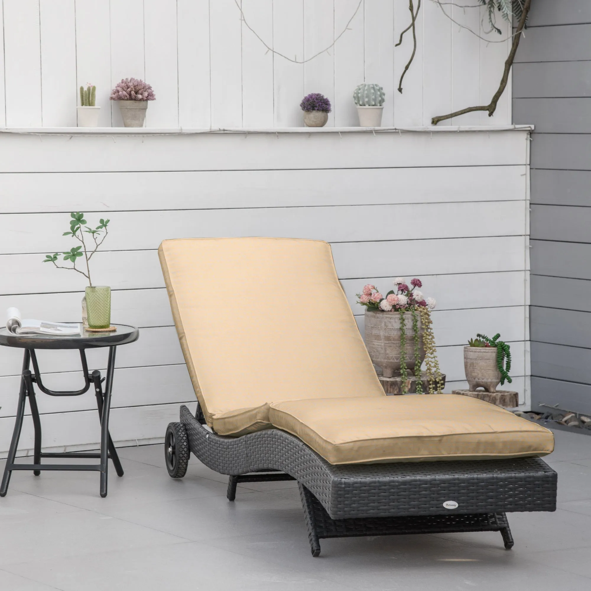 PE Rattan Garden Lounger with Adjustable Backrest and Cushion, 207x70x70cm, Black - Image 2