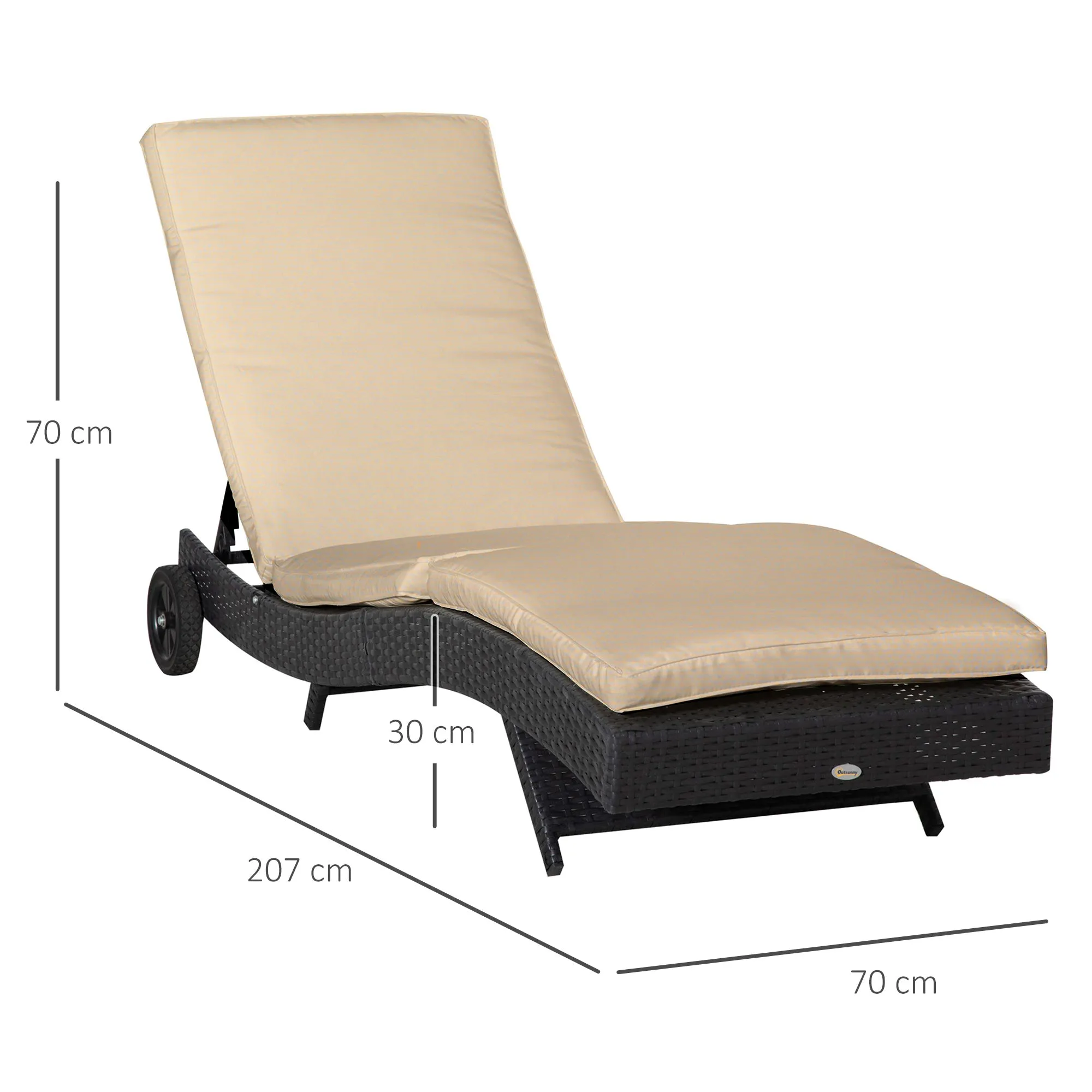PE Rattan Garden Lounger with Adjustable Backrest and Cushion, 207x70x70cm, Black - Image 3