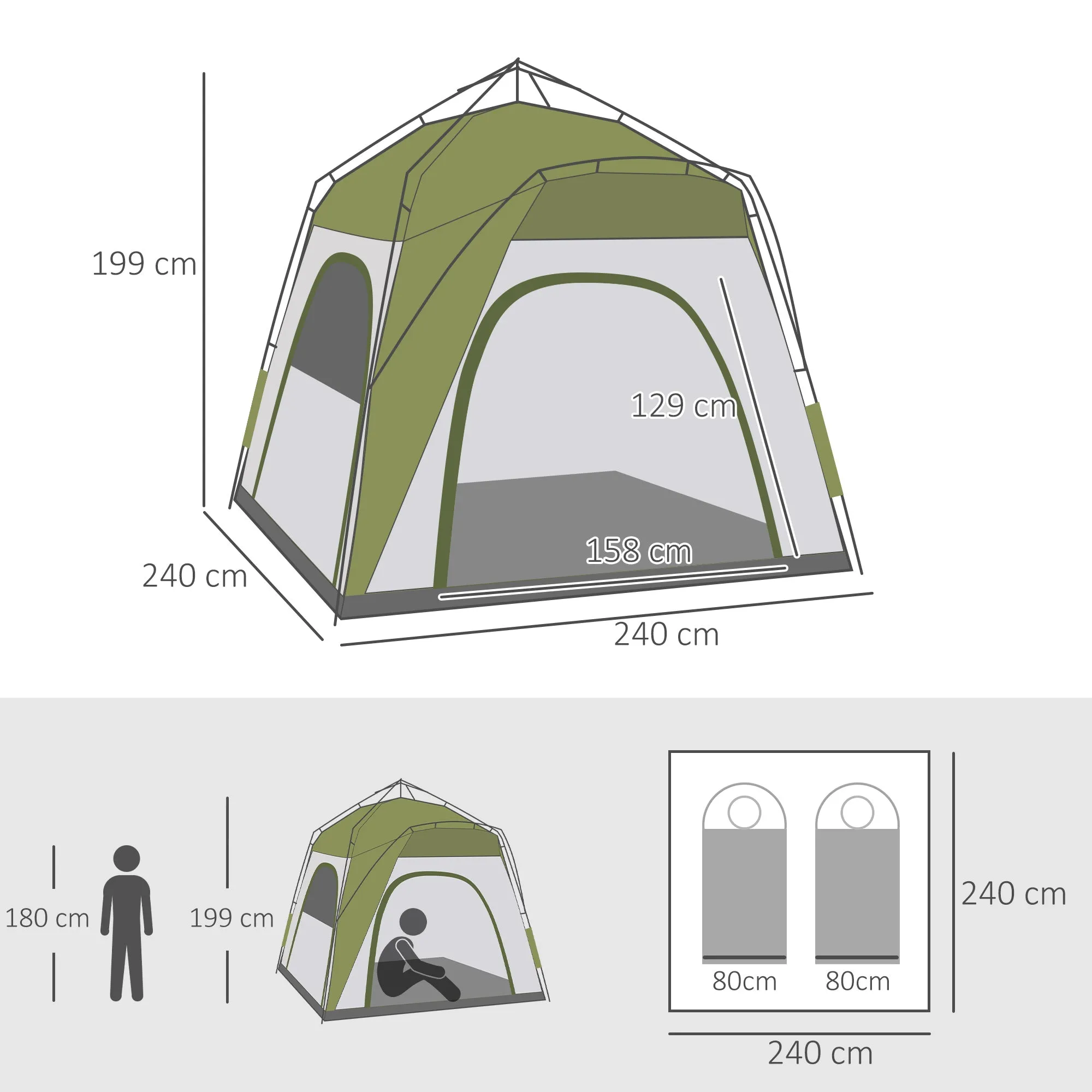2-Person Pop-Up Camping Tent with Zippered Door and 3 Windows, 240x240x199 cm, Green - Image 3