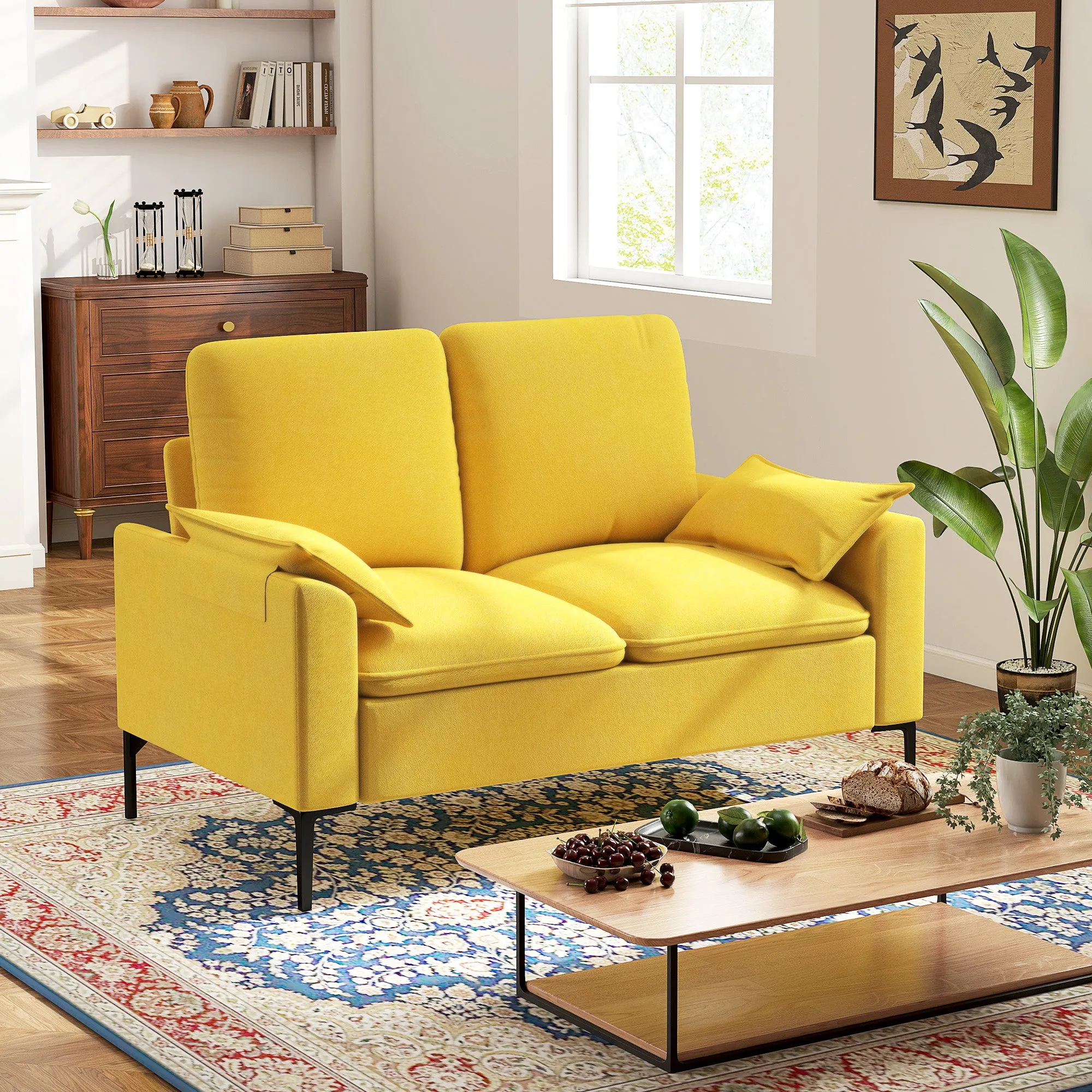 Modern 2-Seater Sofa with Cushions and Terry Fabric Upholstery, 130x77x84 cm, Yellow - Image 2