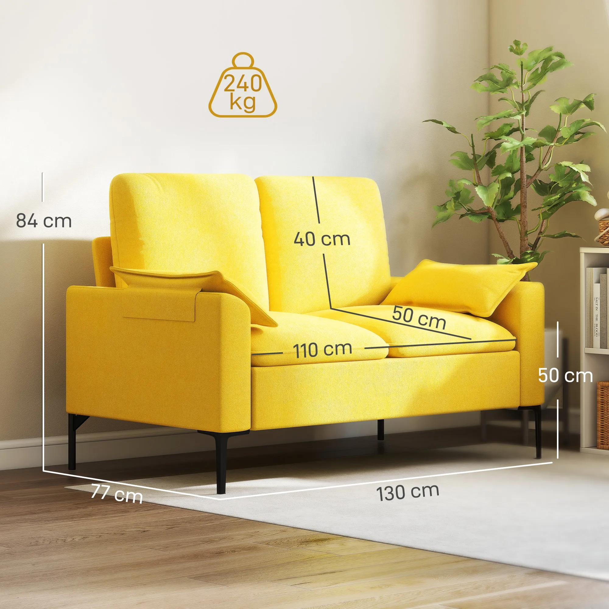 Modern 2-Seater Sofa with Cushions and Terry Fabric Upholstery, 130x77x84 cm, Yellow - Image 3