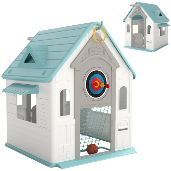 5-in-1 Children's Playhouse in Multi-Color PP with Basketball, Rings and Darts, 132x118x124 cm