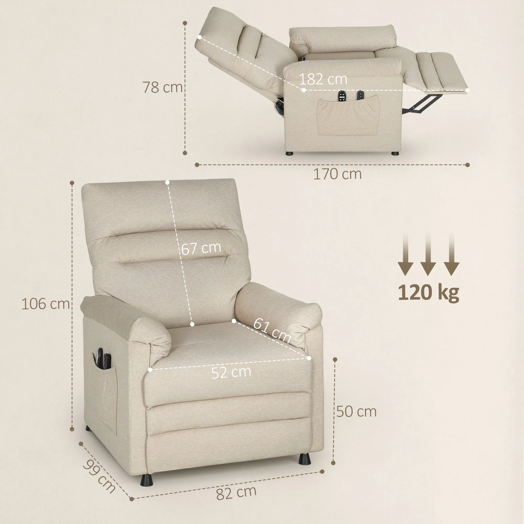 Recliner Chair with Footrest, Heated, 8 Massage Points and 5 Modes, Velvet Fabric, Beige - Image 3