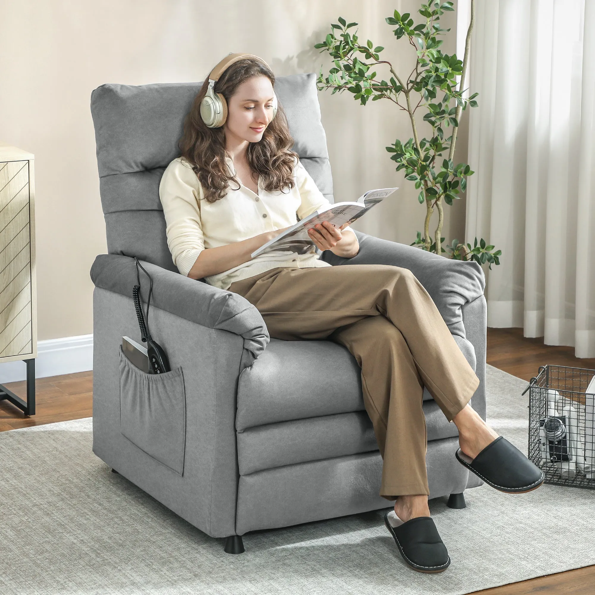 Recliner Chair with 8 Massage Points and 5 Modes, Footrest, Heating, Velvet Fabric, Grey - Image 2