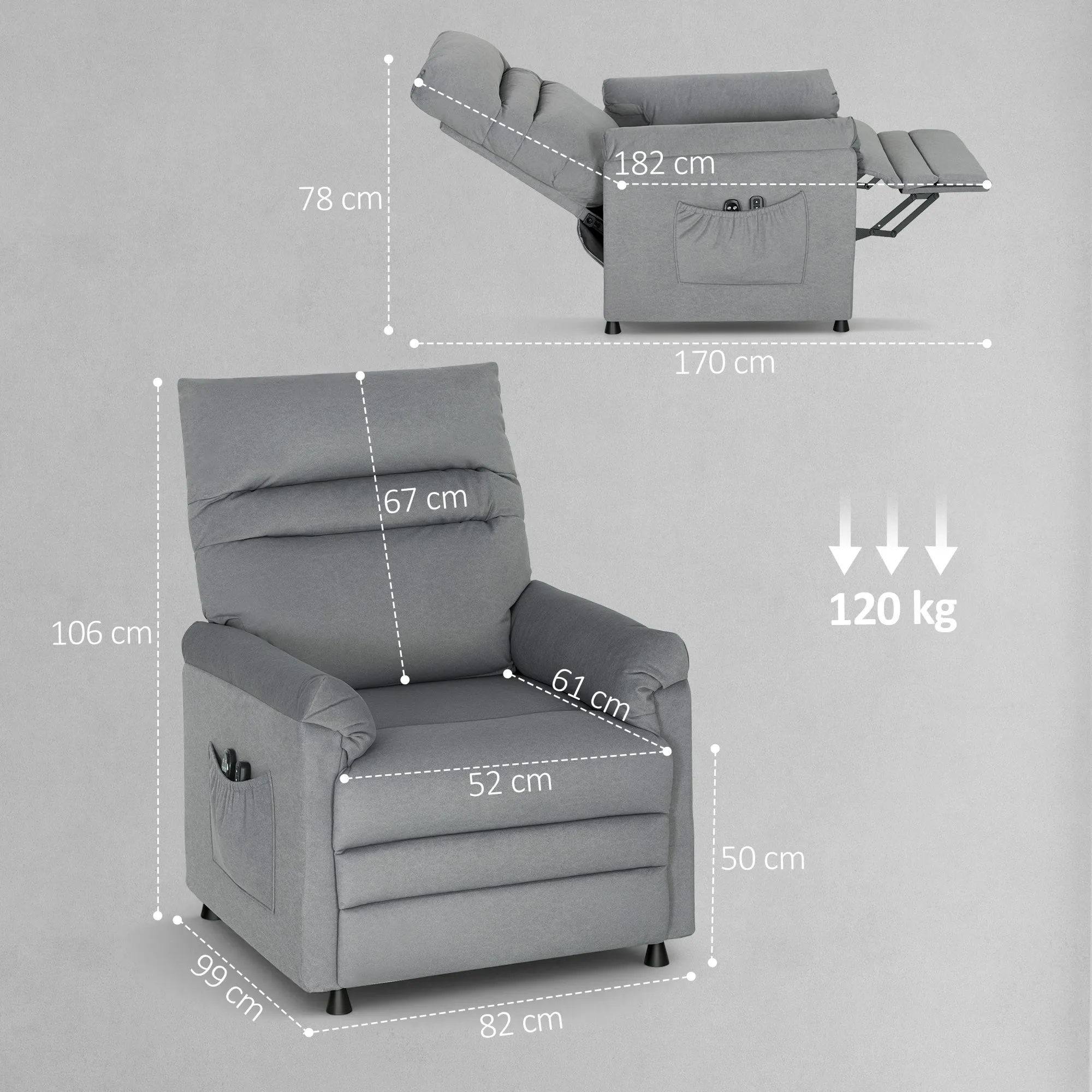 Recliner Chair with 8 Massage Points and 5 Modes, Footrest, Heating, Velvet Fabric, Grey - Image 3