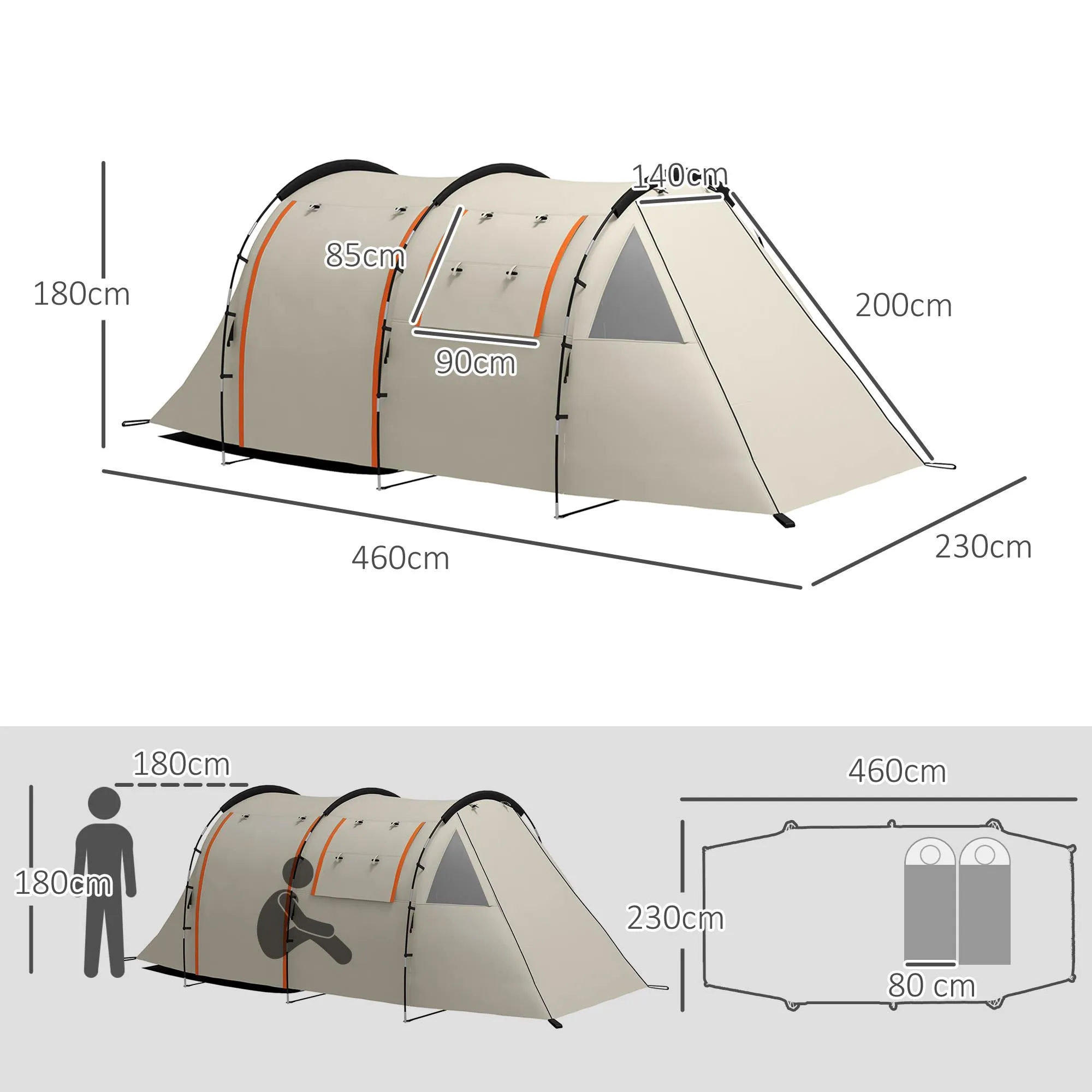 4-5 Person Camping Tent with Blackout Canopy, Waterproof with Carry Bag, Khaki - Image 3