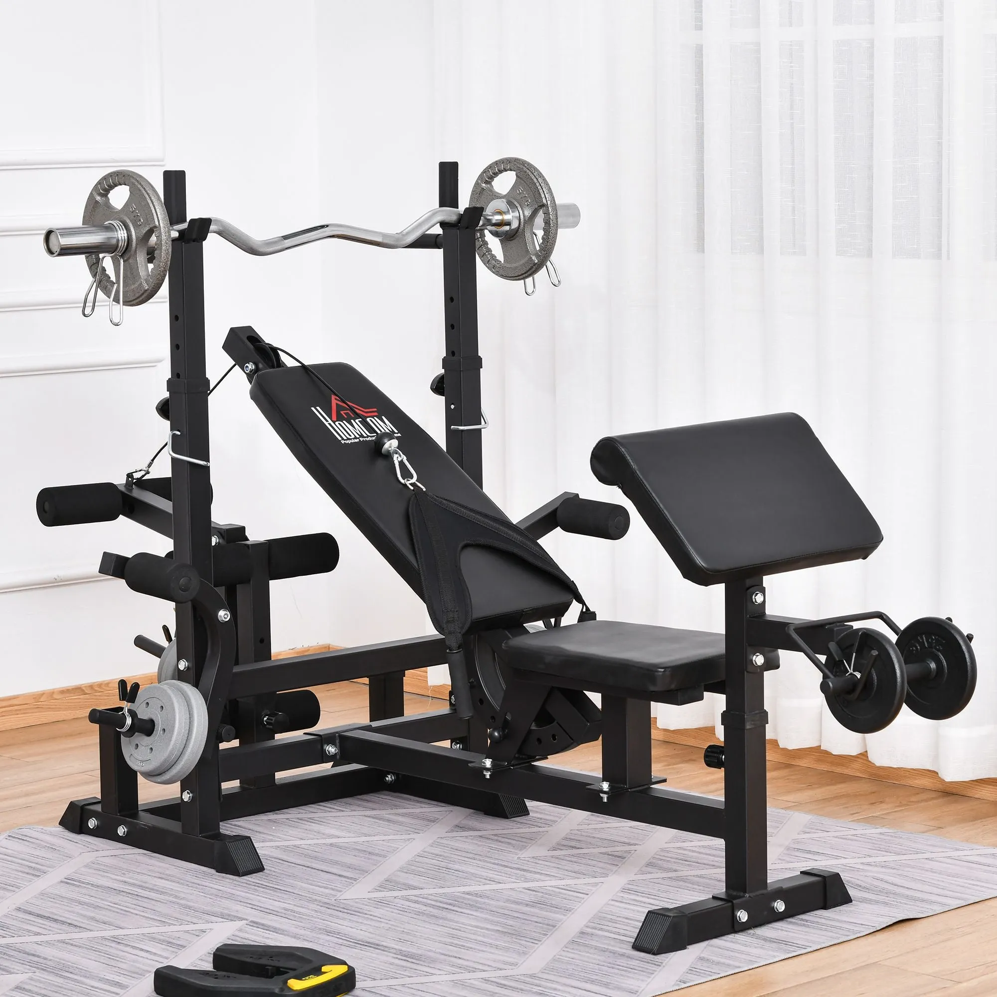 Adjustable Gym Bench with Barbell Rack, Steel and PU, 210x110x103-123 cm, Black - Image 2