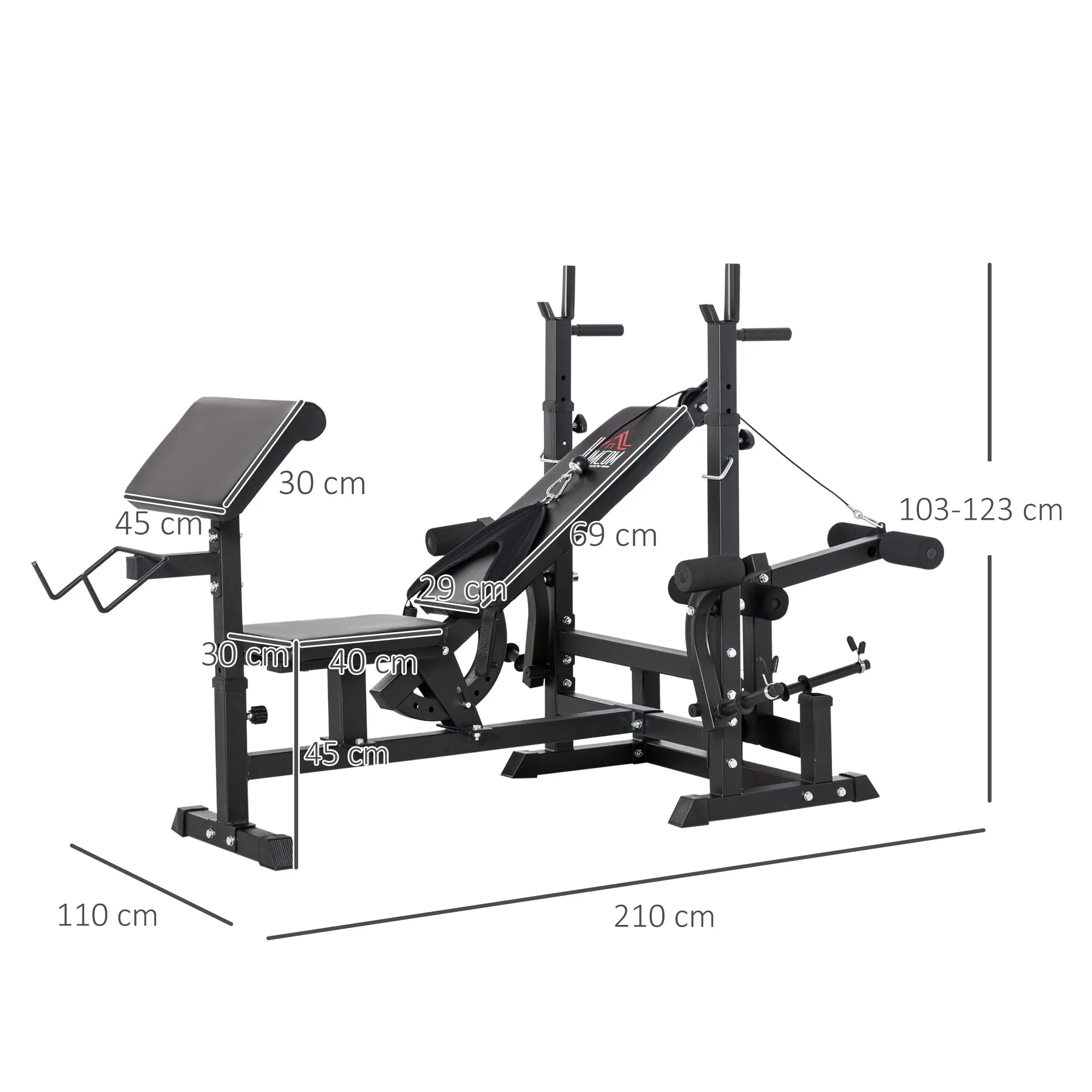 Adjustable Gym Bench with Barbell Rack, Steel and PU, 210x110x103-123 cm, Black - Image 3