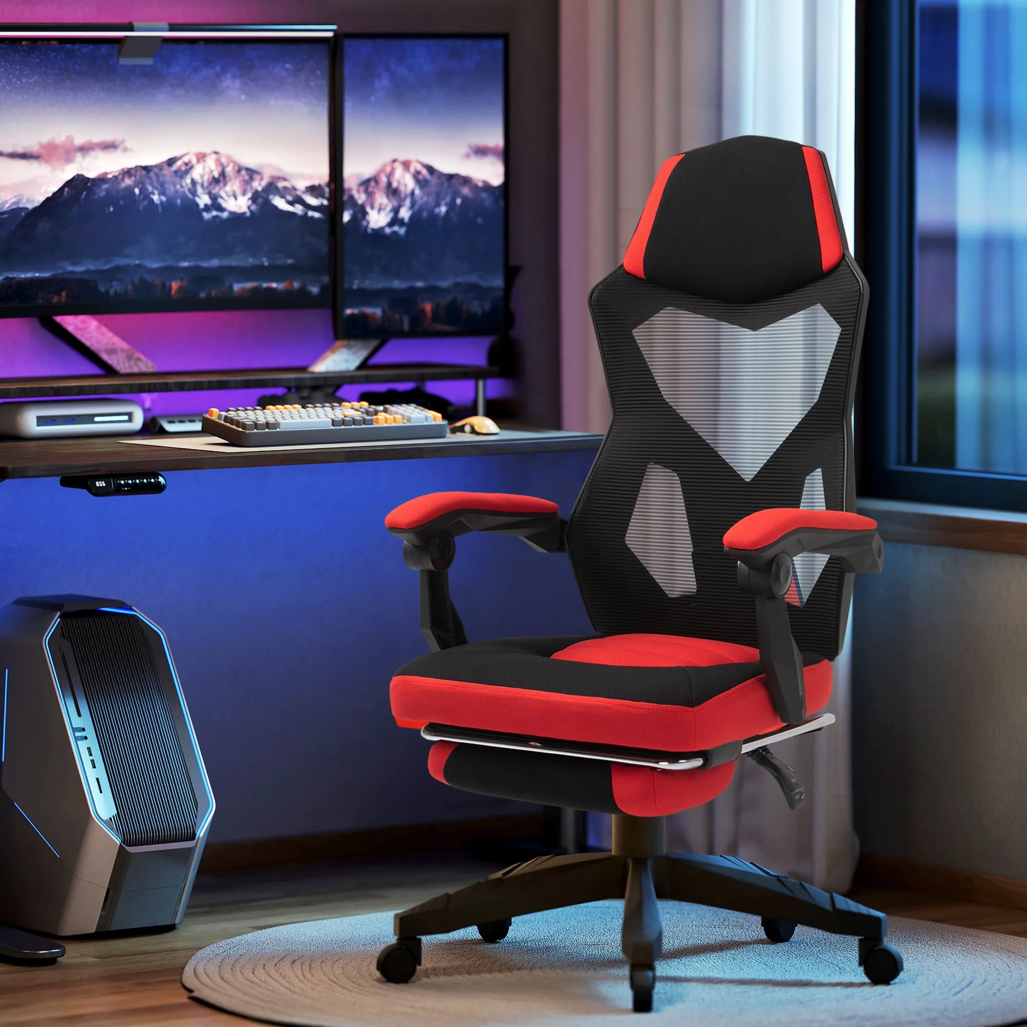Ergonomic Reclining Office Chair with Footrest, Mesh Fabric, 58x63x112-122 cm, Black and Red - Image 2