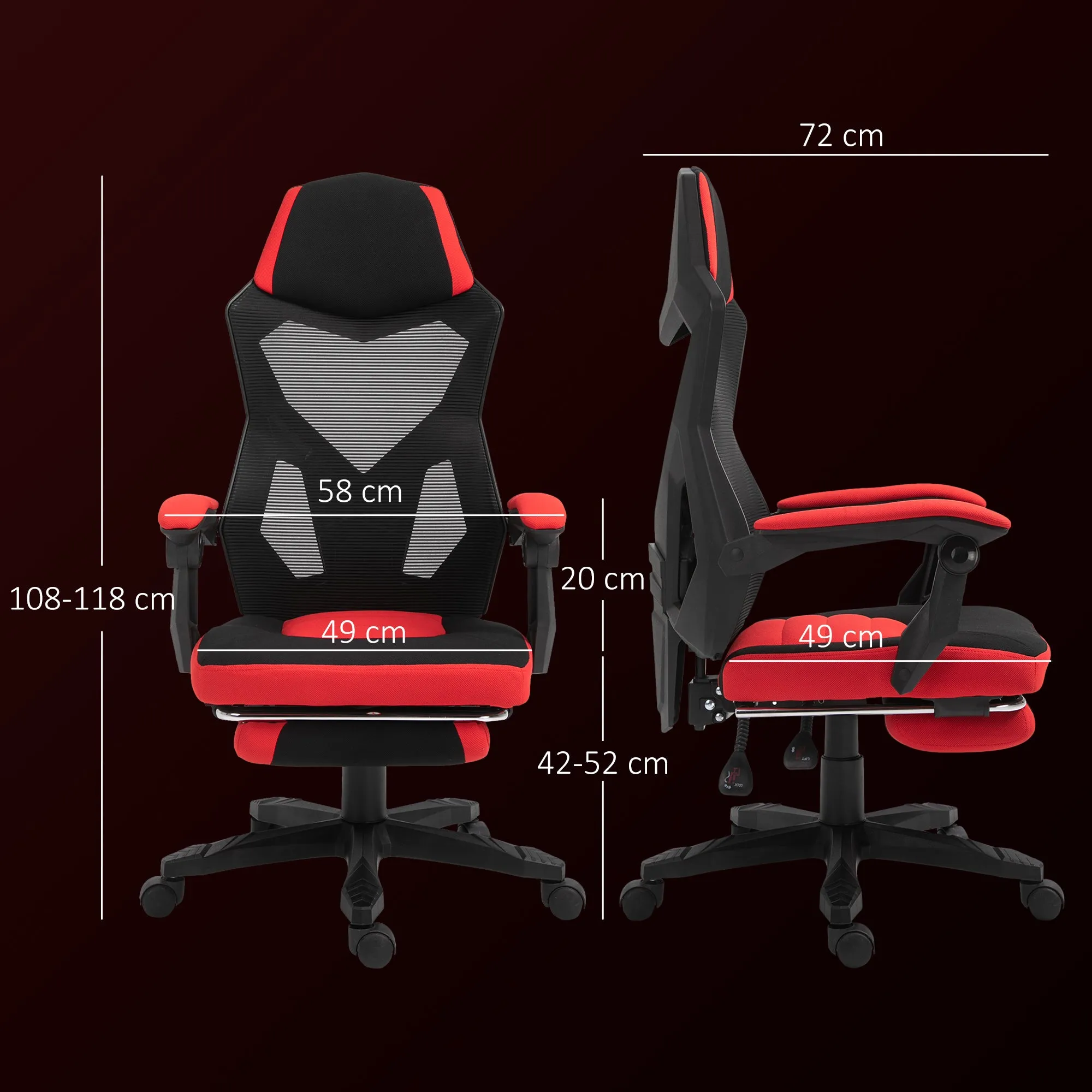 Ergonomic Reclining Office Chair with Footrest, Mesh Fabric, 58x63x112-122 cm, Black and Red - Image 3