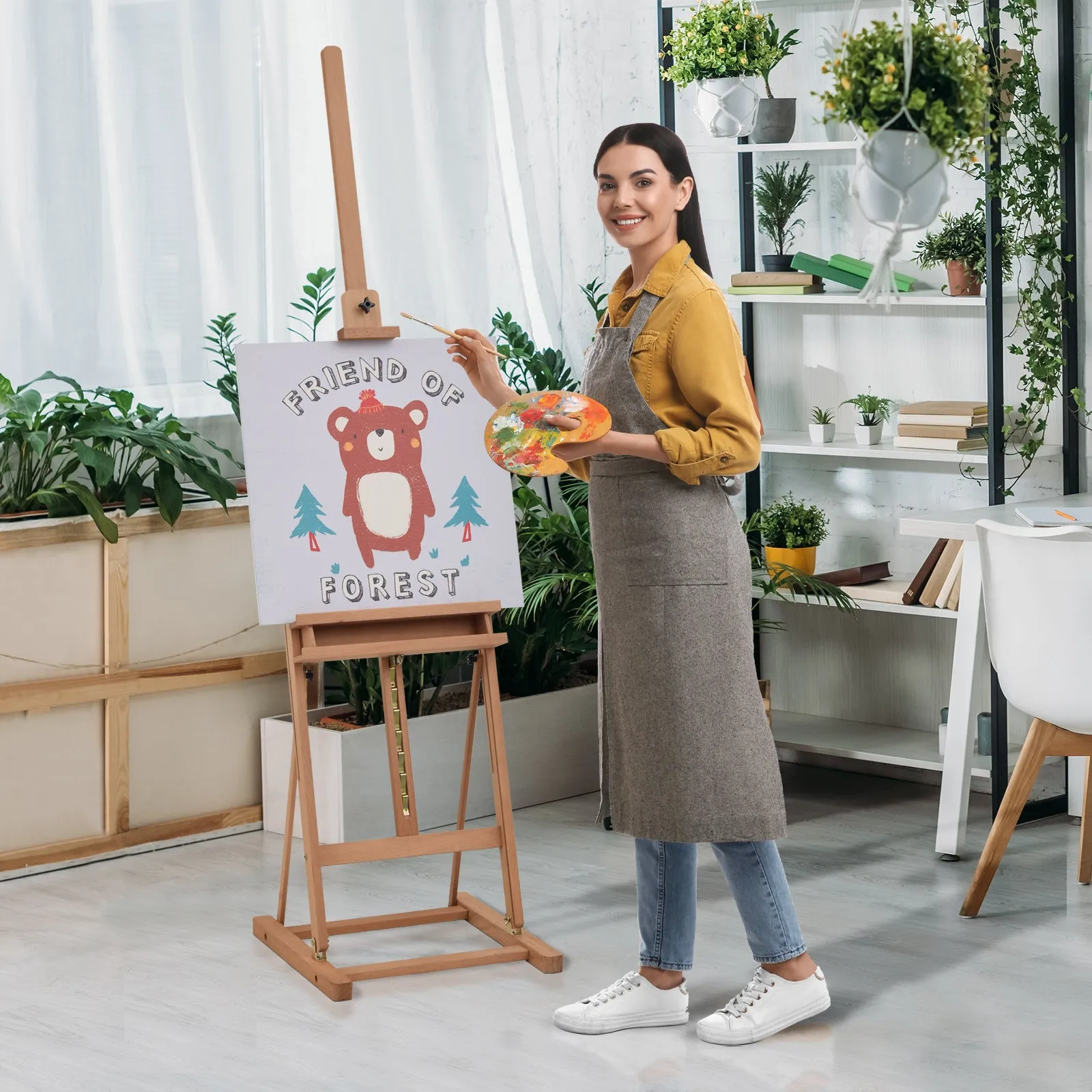 Adjustable Beech Wood Artist Easel with Storage Compartment, 53x50.5x171-230cm - Image 2