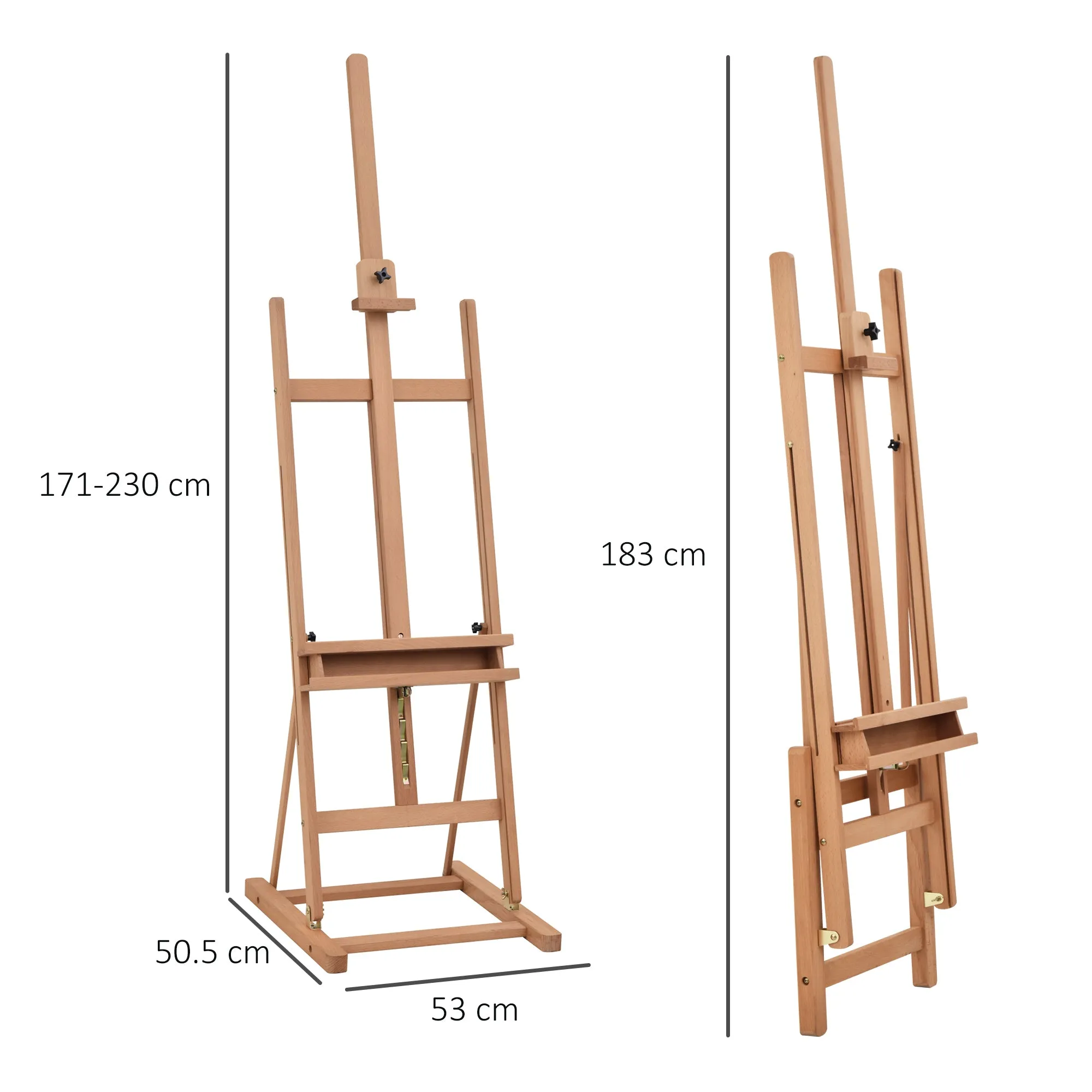 Adjustable Beech Wood Artist Easel with Storage Compartment, 53x50.5x171-230cm - Image 3