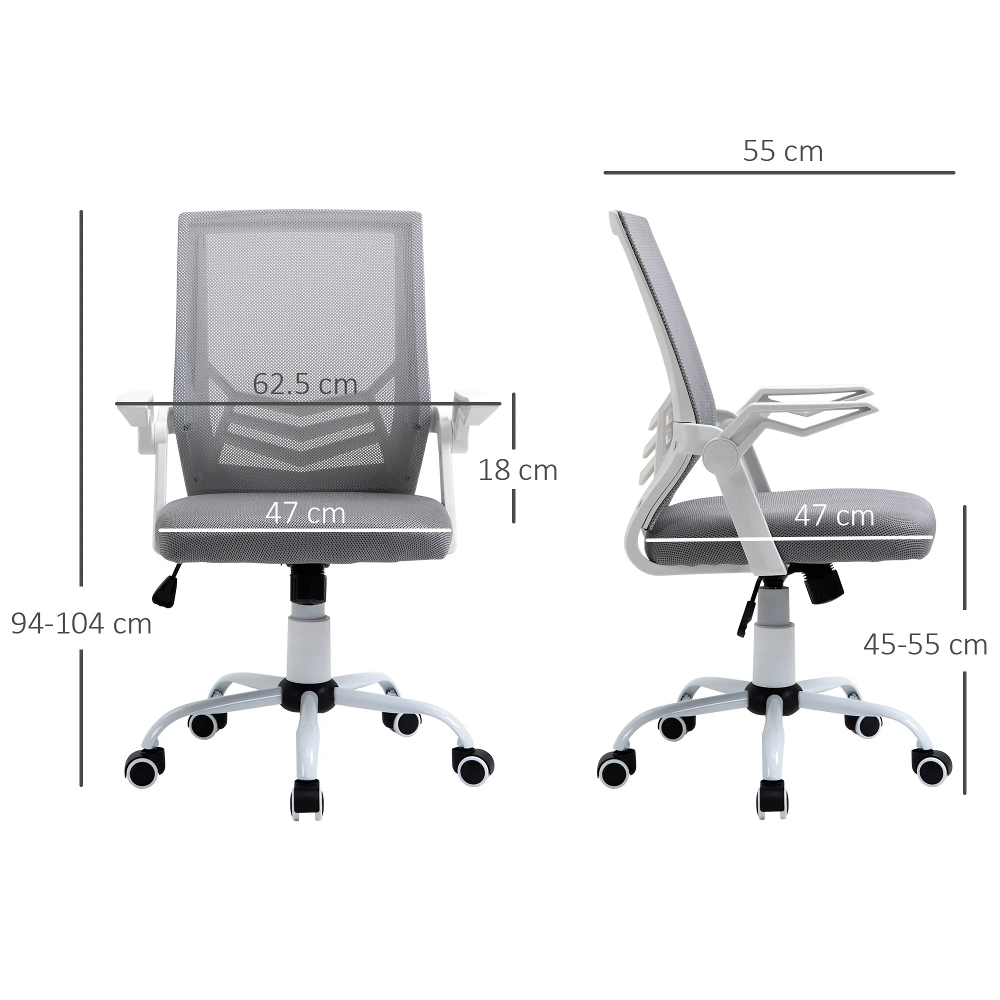 Ergonomic Office Chair with Armrests and Lumbar Support, in Linen Effect Fabric, 62.5x55x94-104 cm, Grey - Image 3