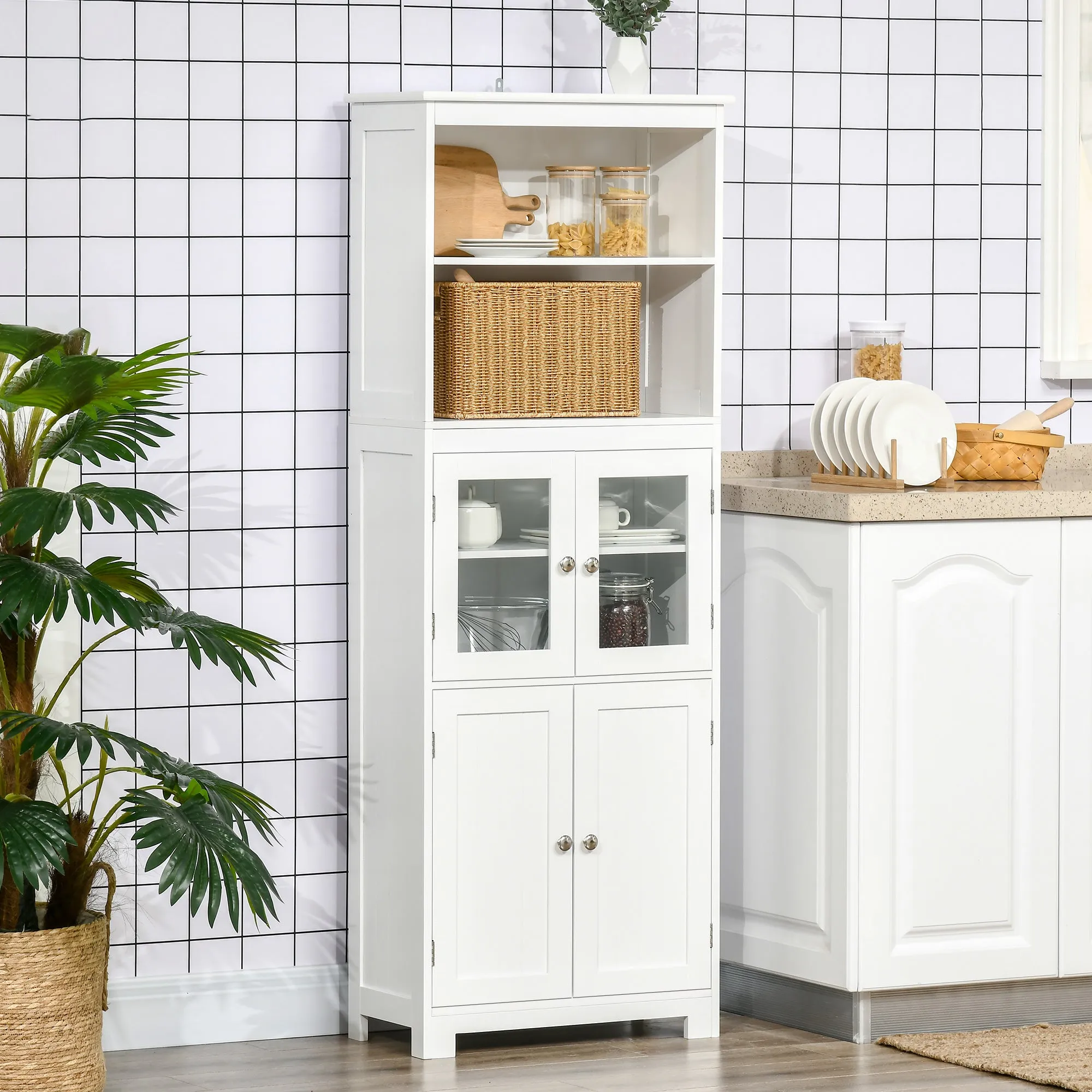 Mobile Pantry with 2 Open Shelves and 2 Cabinets with Doors, in MDF and Glass, 60x30x162 cm, White - Image 2