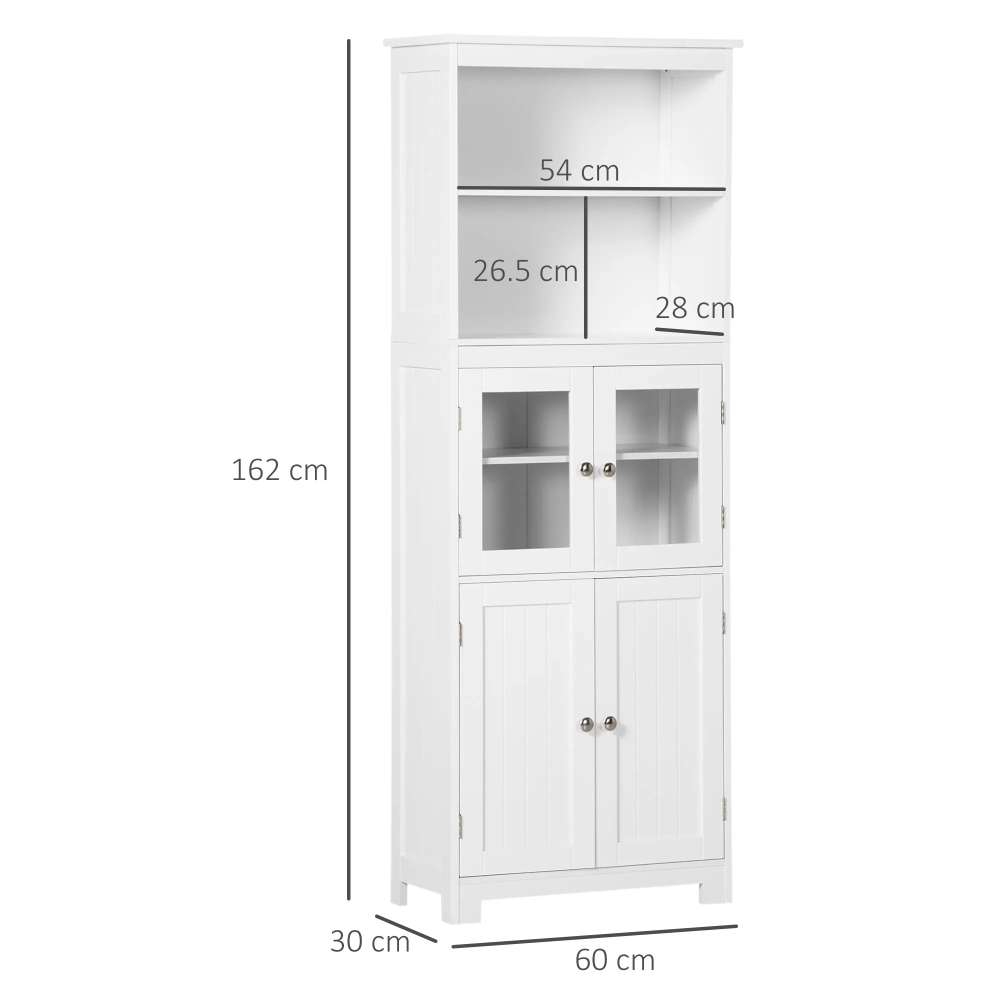 Mobile Pantry with 2 Open Shelves and 2 Cabinets with Doors, in MDF and Glass, 60x30x162 cm, White - Image 3