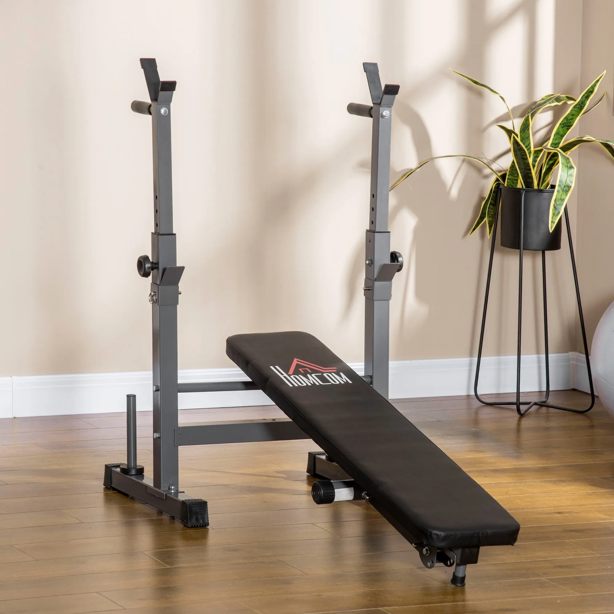 Folding Weight Bench with 8 Adjustable Heights and Steel and PU Barbell Rack, 140x73x98-122 cm, Grey - Image 2