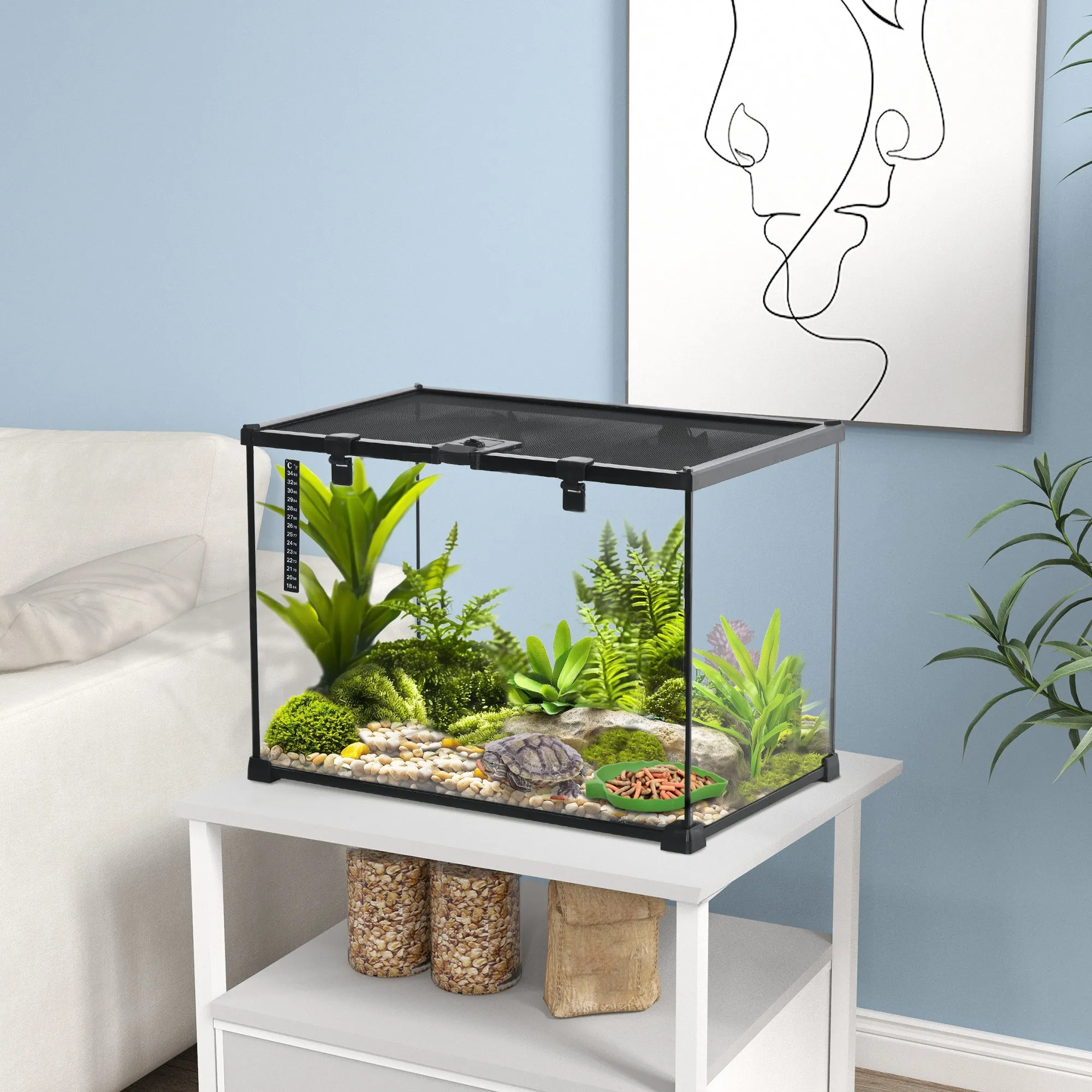Reptile Terrarium, Reptile Breeding Box, Terrarium Hut, Sliding Lid, Metal Grid, Thermometer, Black - Image 2