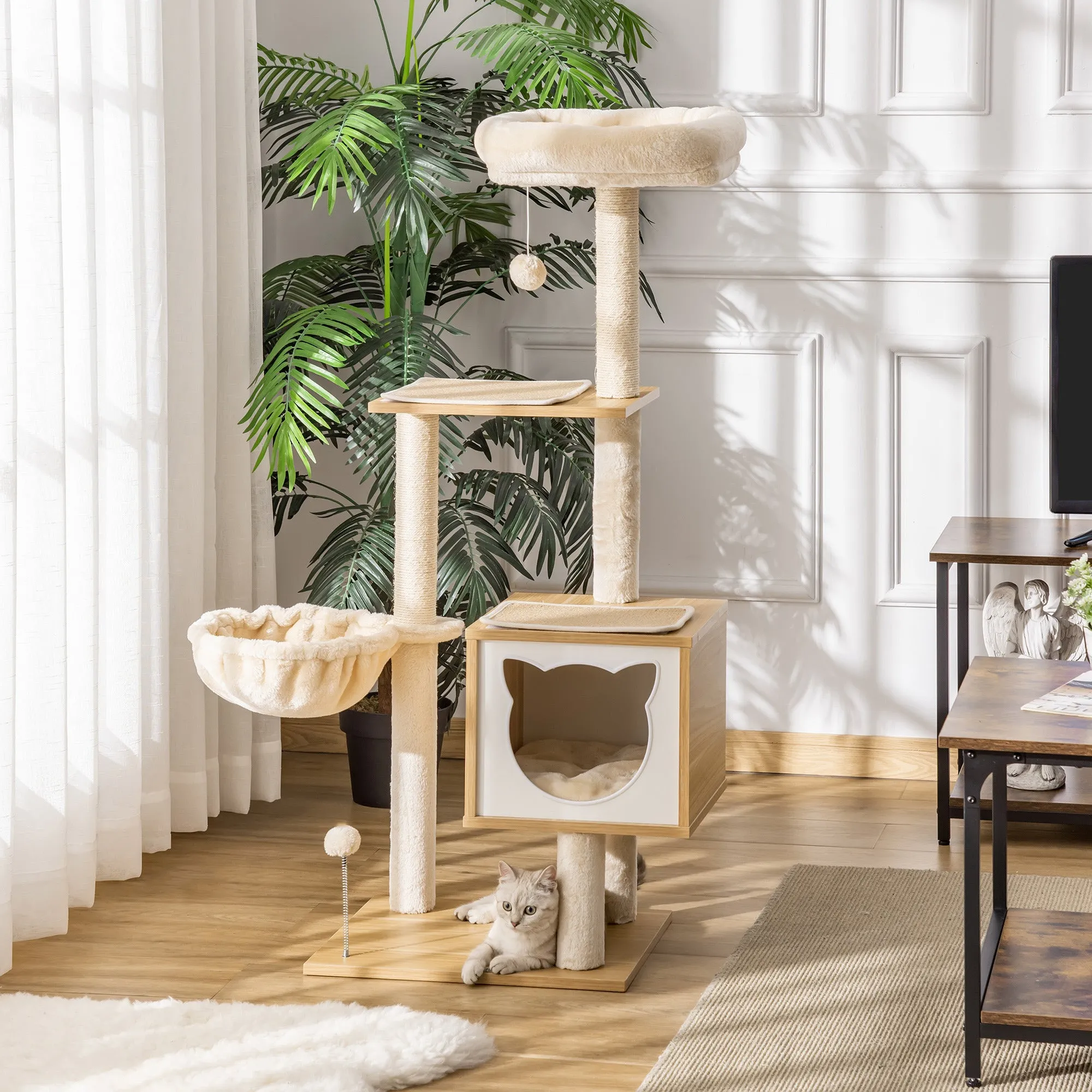 Cat Scratching Post with 2 Posts, House, Hammock, Bed and 2 Balls, Made of Wood, Fleece and Sisal, 48x40x126 cm - Image 2