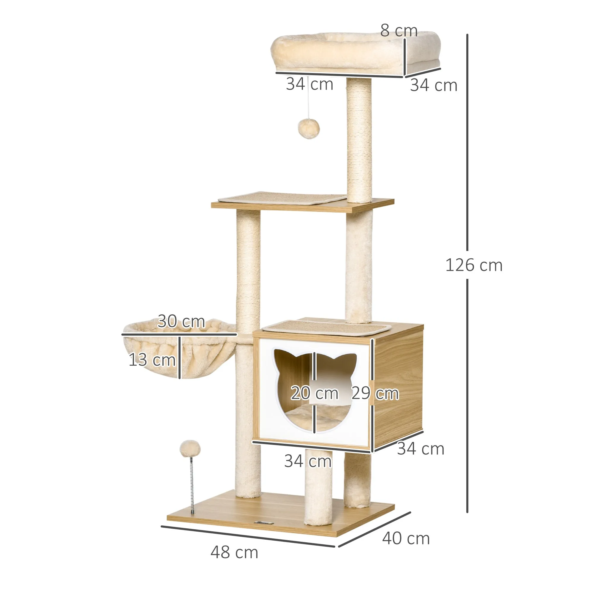 Cat Scratching Post with 2 Posts, House, Hammock, Bed and 2 Balls, Made of Wood, Fleece and Sisal, 48x40x126 cm - Image 3