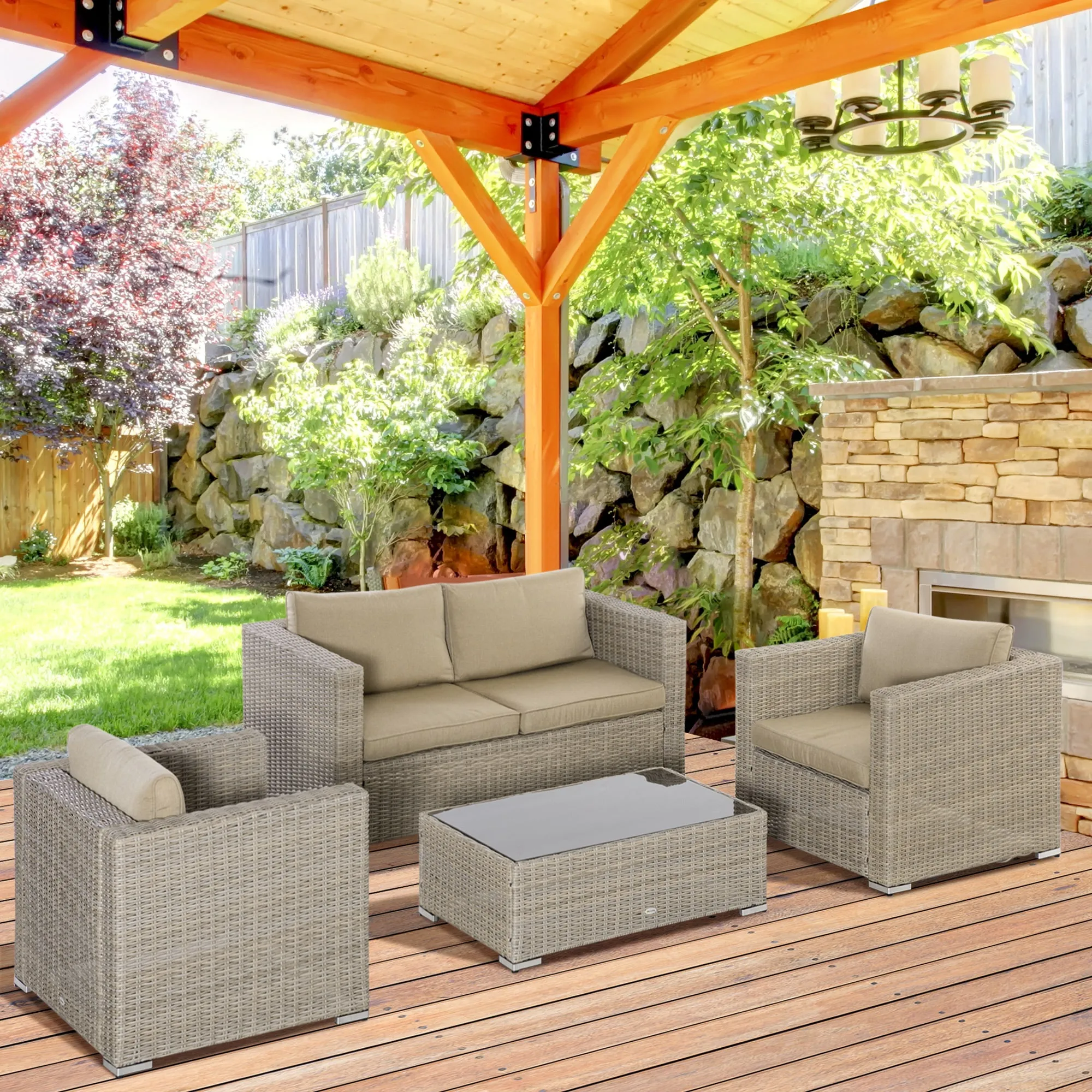 4 Piece Outdoor Rattan Lounge Set with 1 Sofa, 2 Armchairs and 1 Coffee Table, Khaki and Beige - Image 2