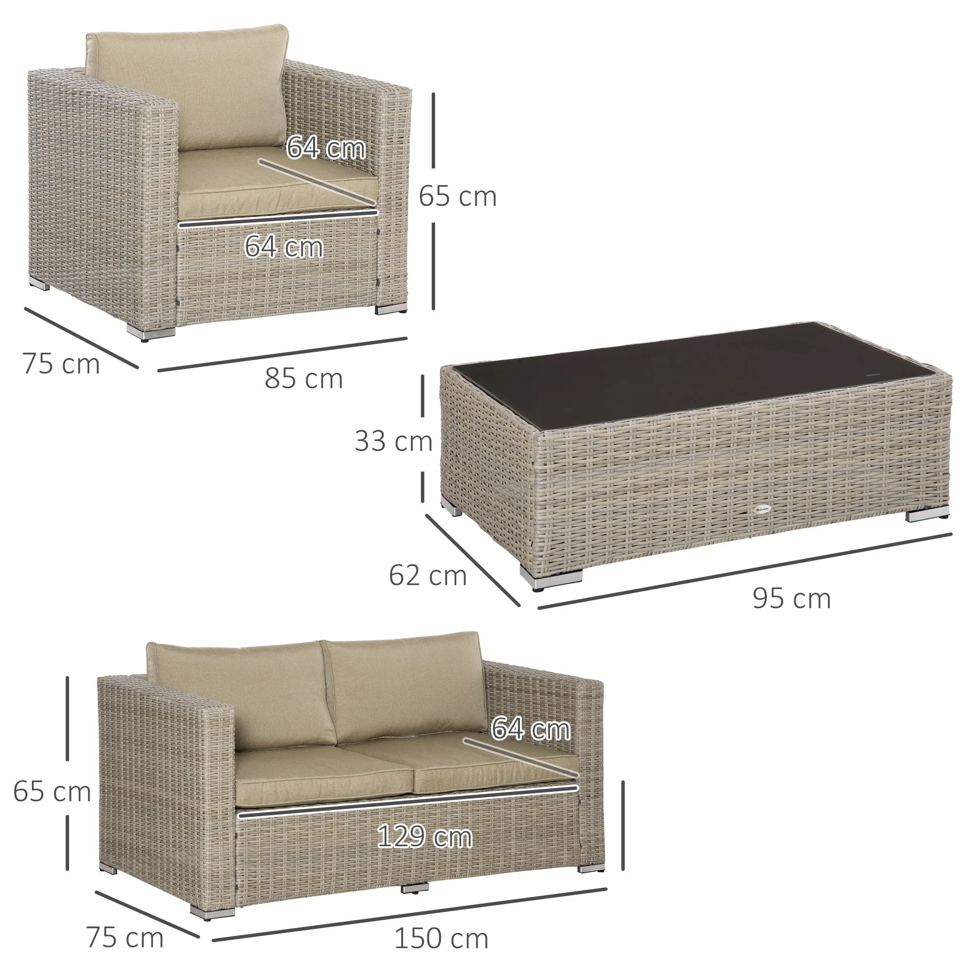 4 Piece Outdoor Rattan Lounge Set with 1 Sofa, 2 Armchairs and 1 Coffee Table, Khaki and Beige - Image 3
