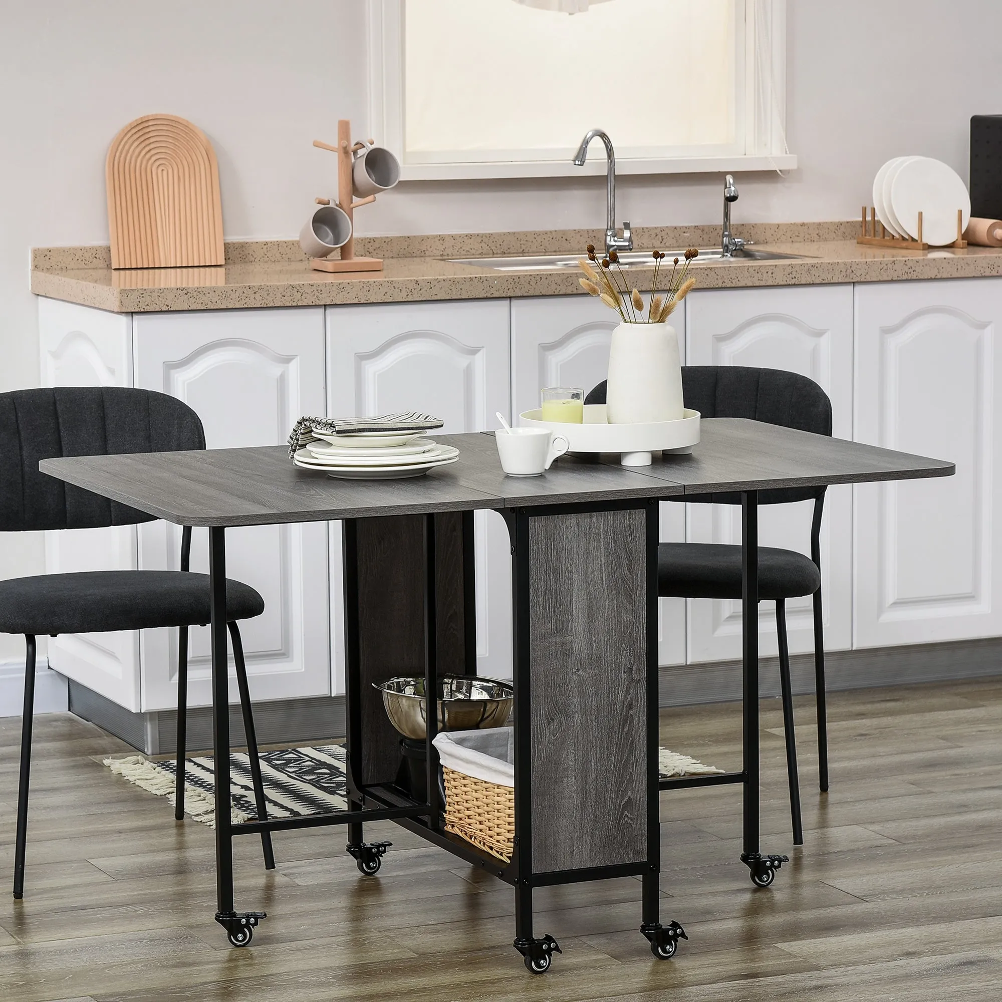 Folding Dining Table for up to 6 People with Shelf, in Wood and Metal, 130x80x74 cm, Grey - Image 2