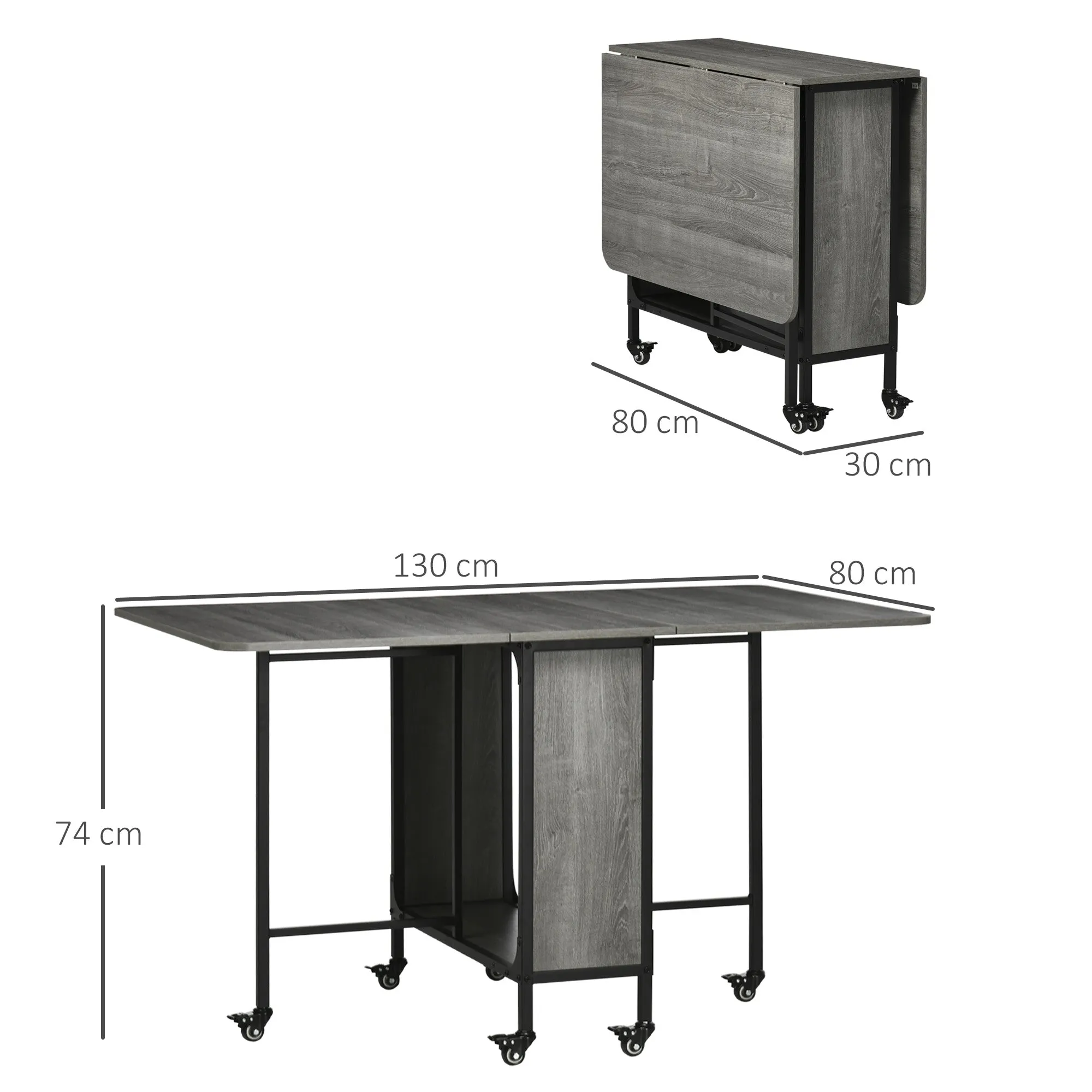 Folding Dining Table for up to 6 People with Shelf, in Wood and Metal, 130x80x74 cm, Grey - Image 3