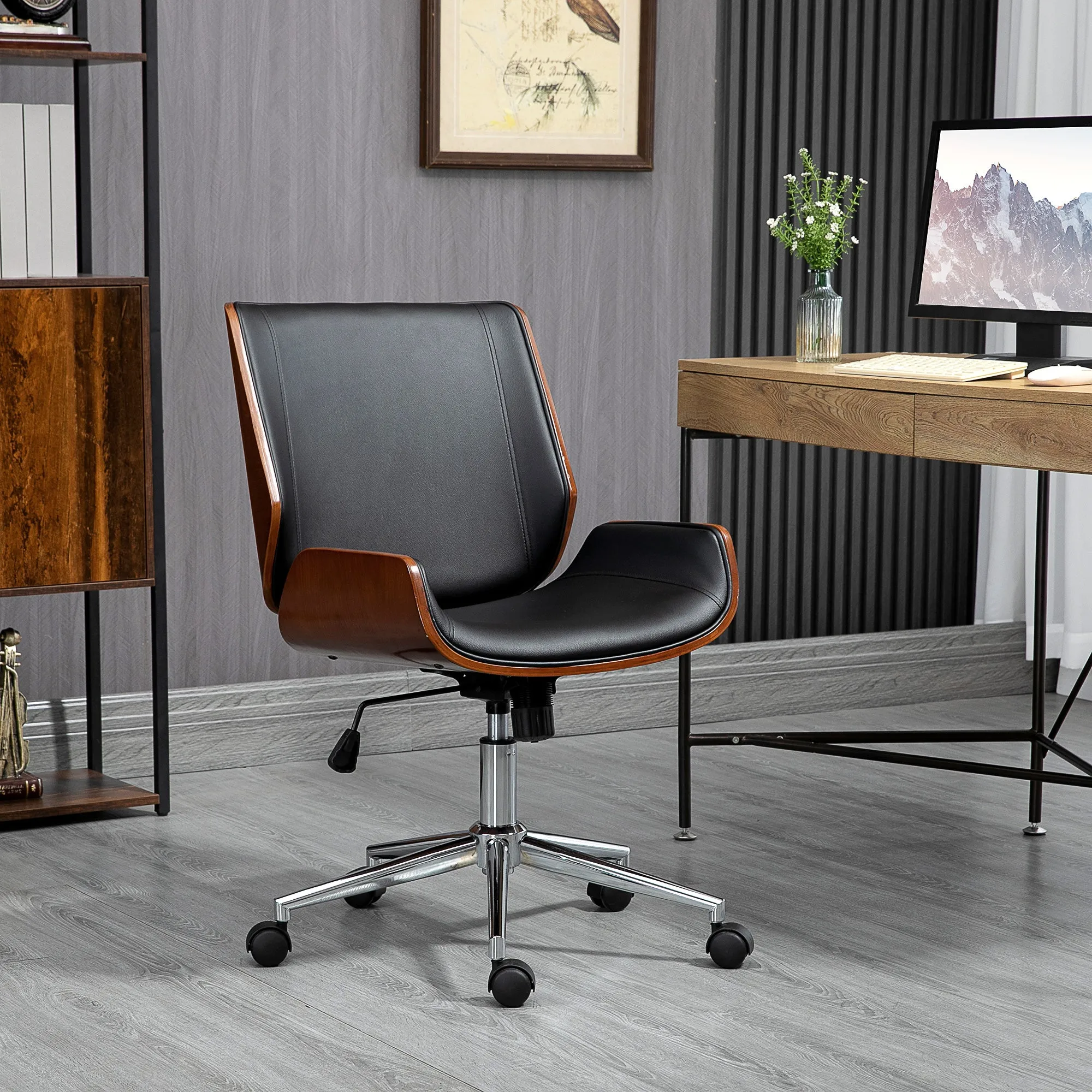 Vintage Padded Office Chair, Faux Leather, Wood and Steel, 53x60x86-96 cm, Black and Dark Brown - Image 2