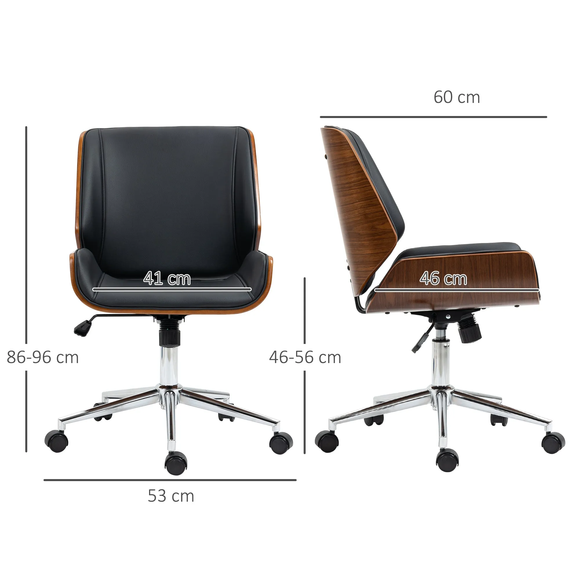 Vintage Padded Office Chair, Faux Leather, Wood and Steel, 53x60x86-96 cm, Black and Dark Brown - Image 3