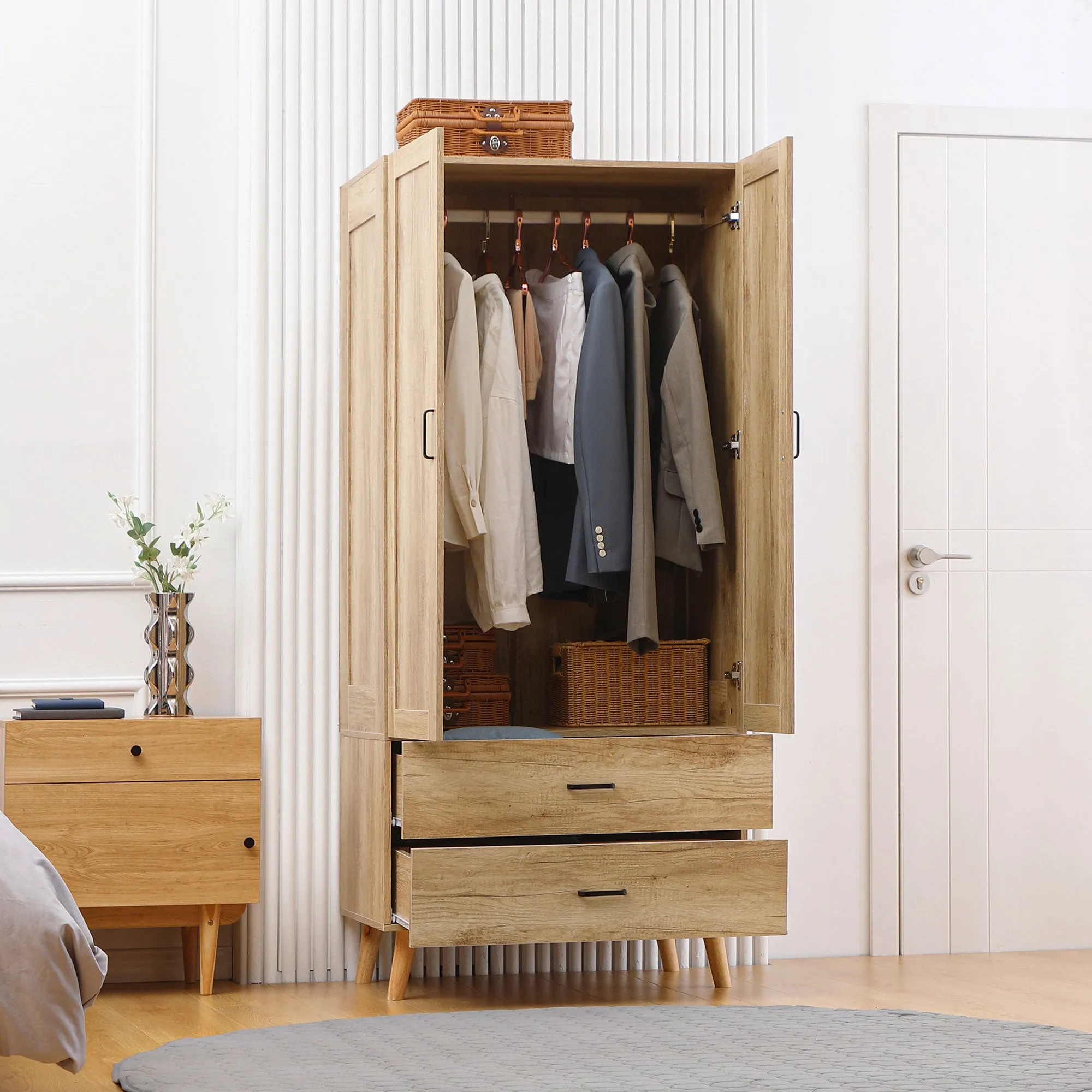 2-Door Wardrobe with 2 Drawers and Hanging Rail, 80x54x180 cm, Wood - Image 2