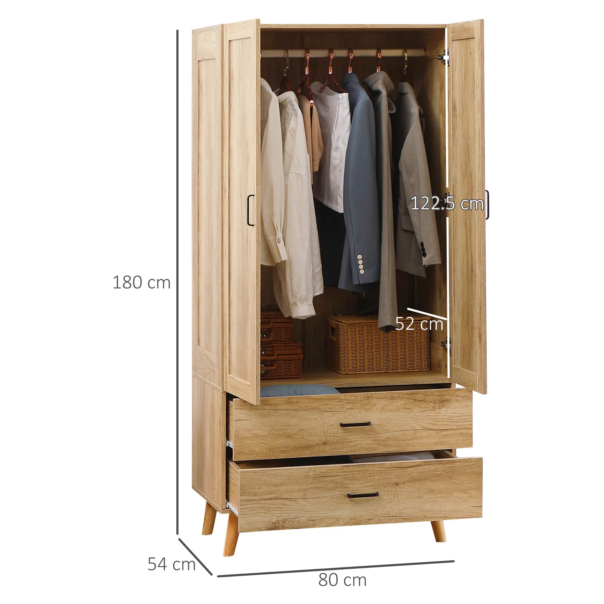 2-Door Wardrobe with 2 Drawers and Hanging Rail, 80x54x180 cm, Wood - Image 3