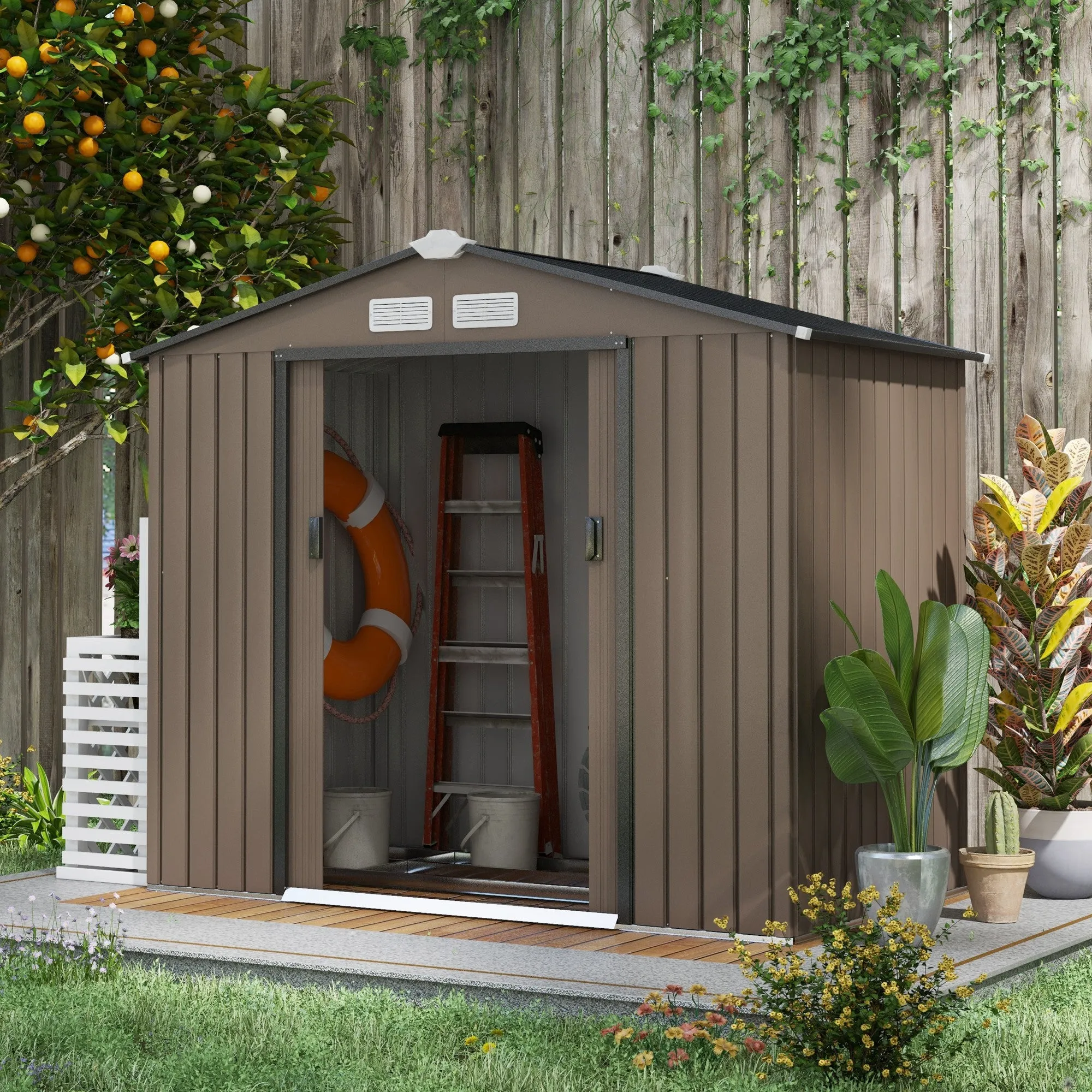 Metal Garden Shed with Vents and Double Sliding Door, 2.1x1.3m, Brown - Image 2