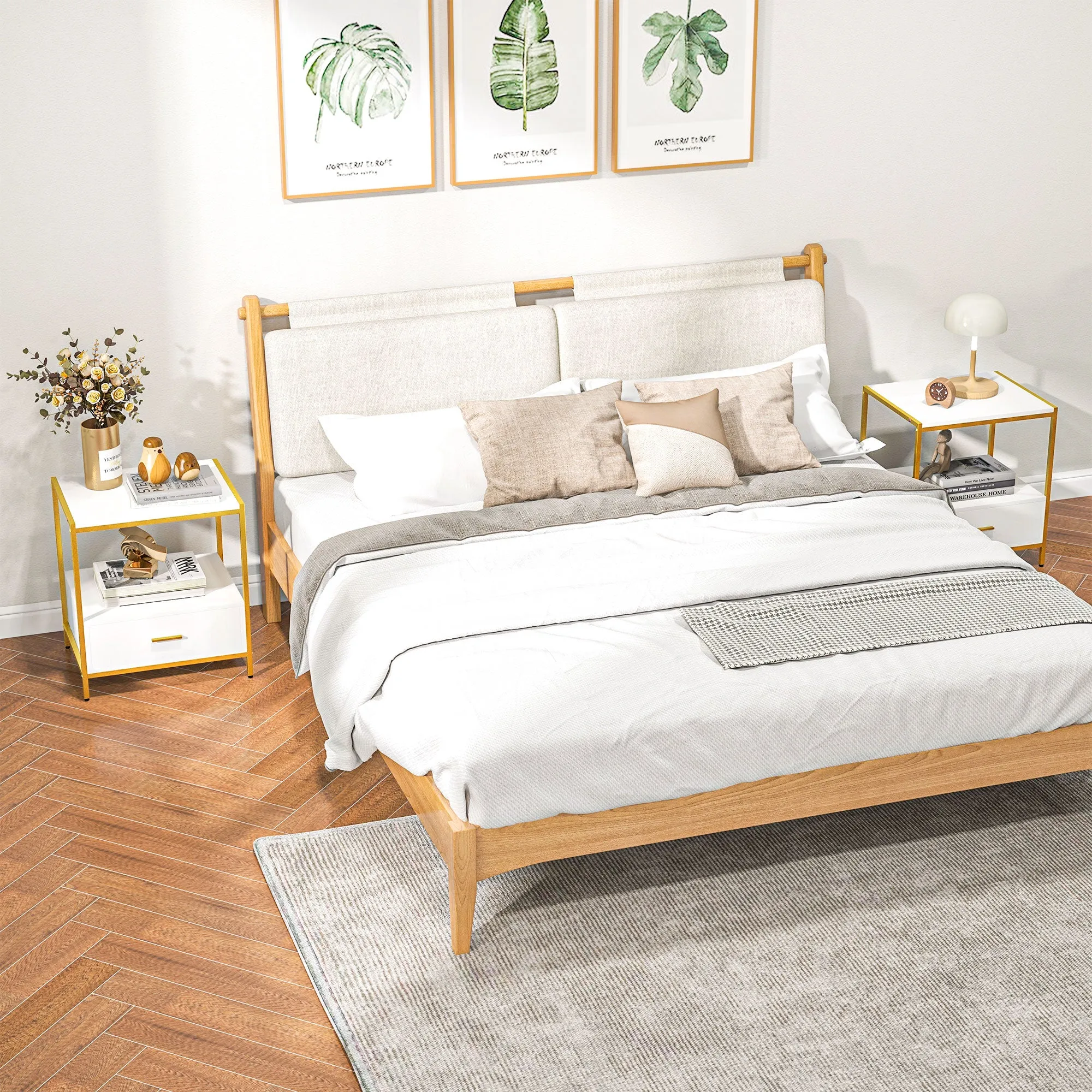 Set of 2 Modern Nightstands with Drawer and Open Shelf, 50x40x55cm, White and Gold - Image 2