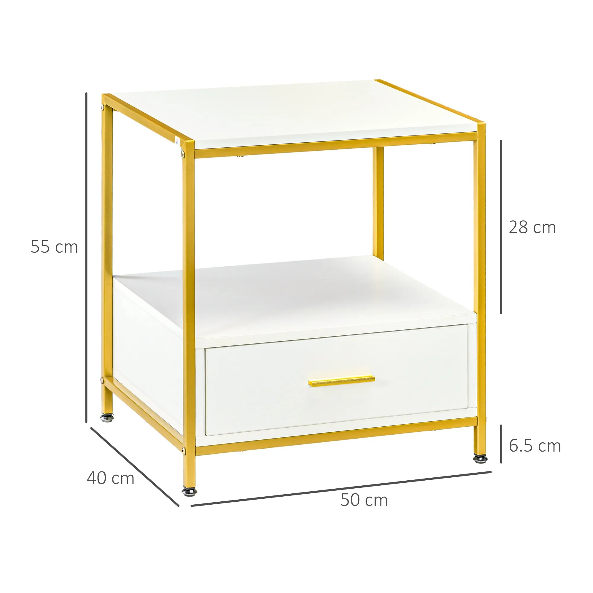 Set of 2 Modern Nightstands with Drawer and Open Shelf, 50x40x55cm, White and Gold - Image 3