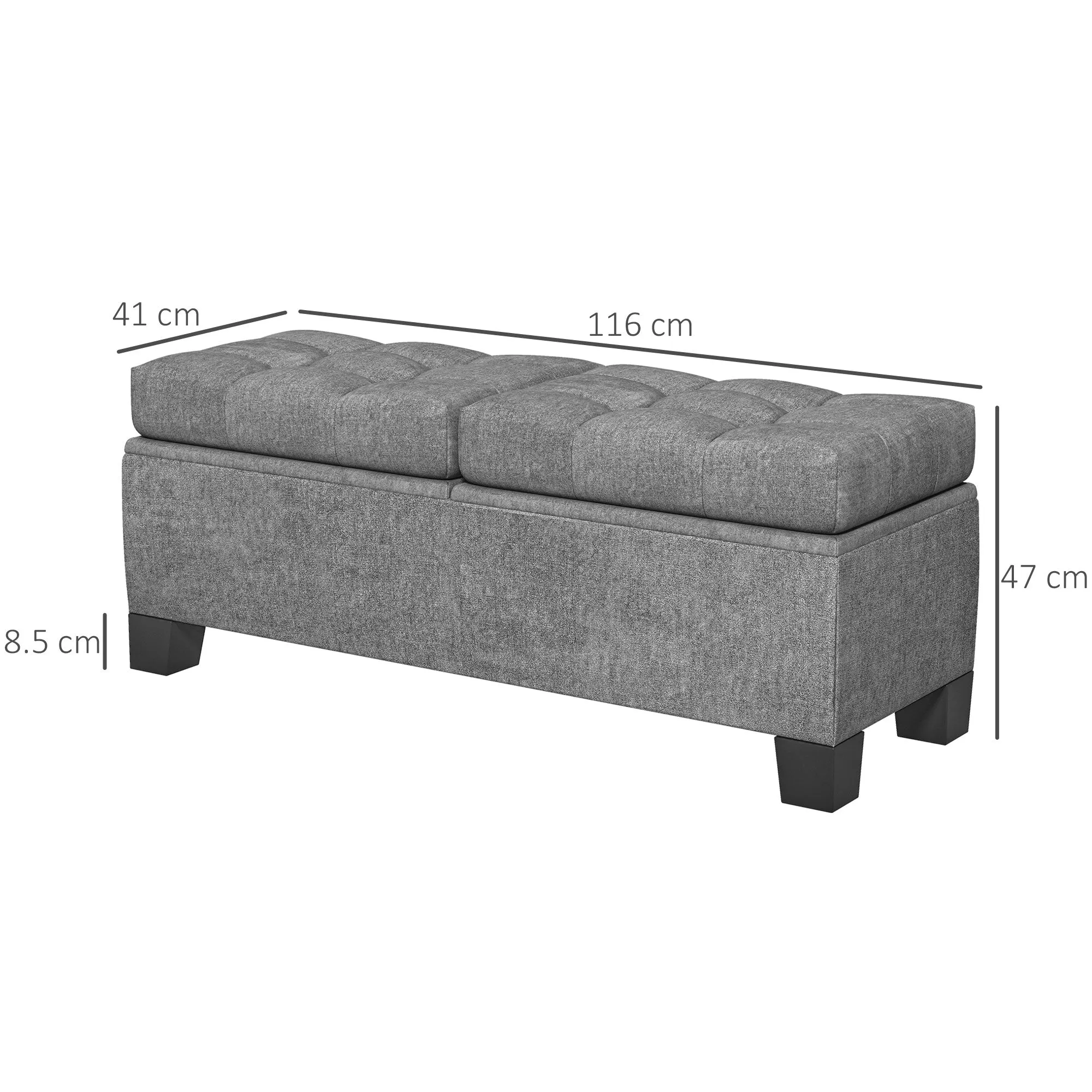 Fabric Storage Bench with Quilted Padding, 116x41x47cm, Grey - Image 3