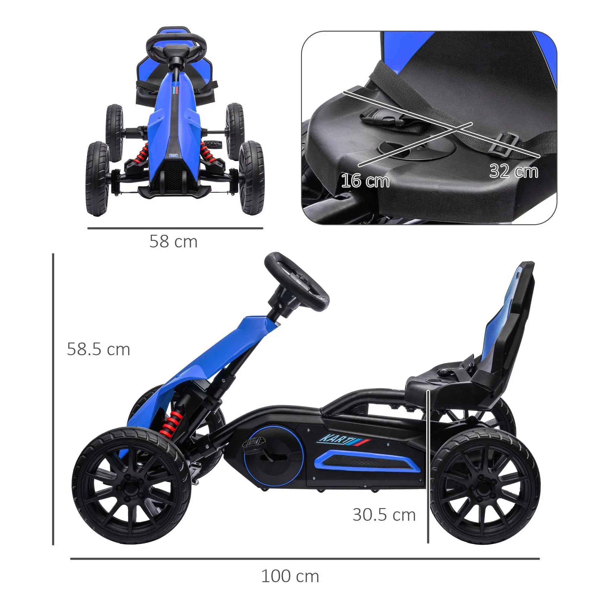 Pedal Go Kart for Kids Ages 3-8 with Adjustable Seat and EVA Wheels, 100x58x58.5 cm, Blue - Image 3