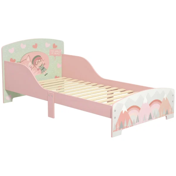 Children's Bed for 3-6 Years with Raised Edges, Slats and Animal Print, 140x70 cm, Pink