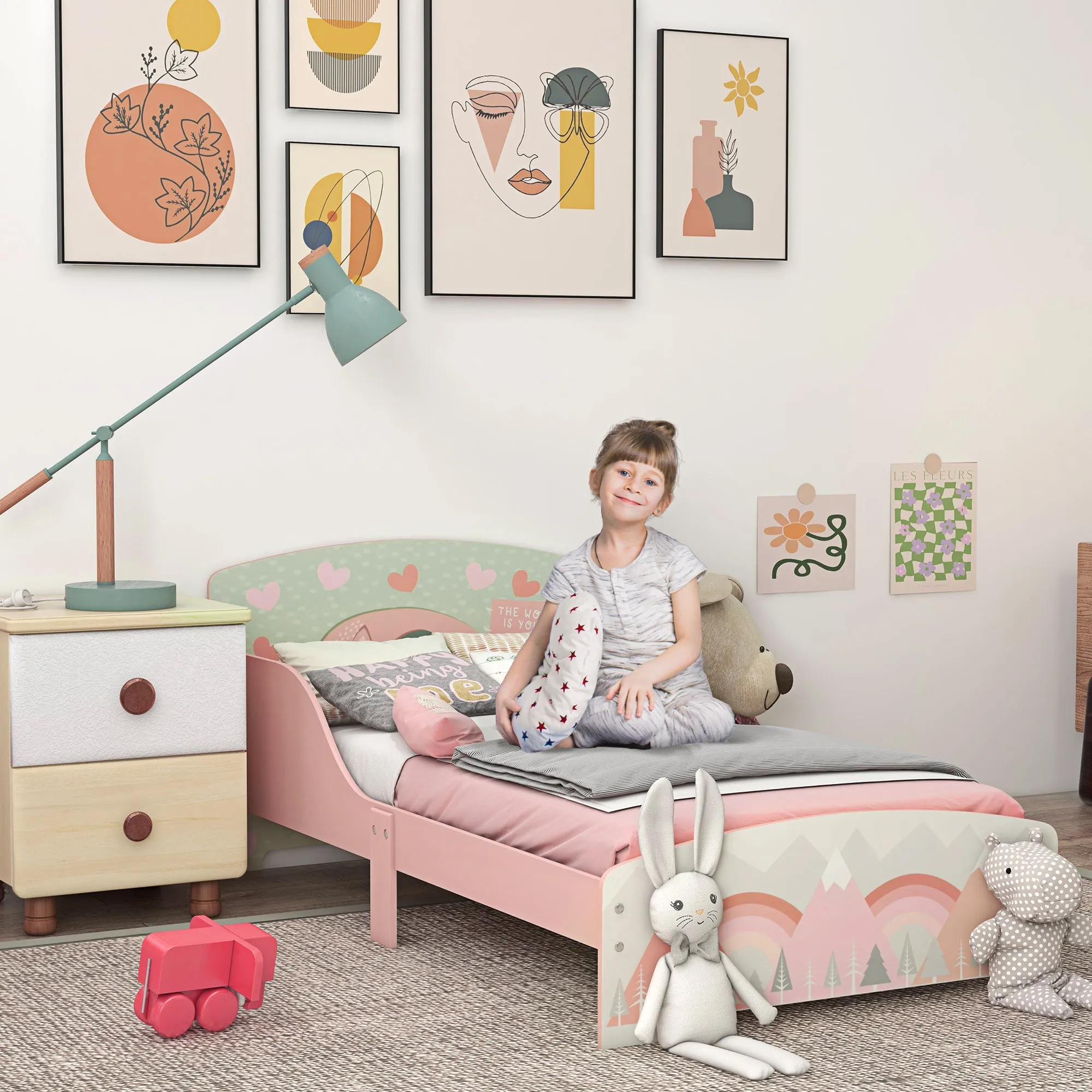 Children's Bed for 3-6 Years with Raised Edges, Slats and Animal Print, 140x70 cm, Pink - Image 2