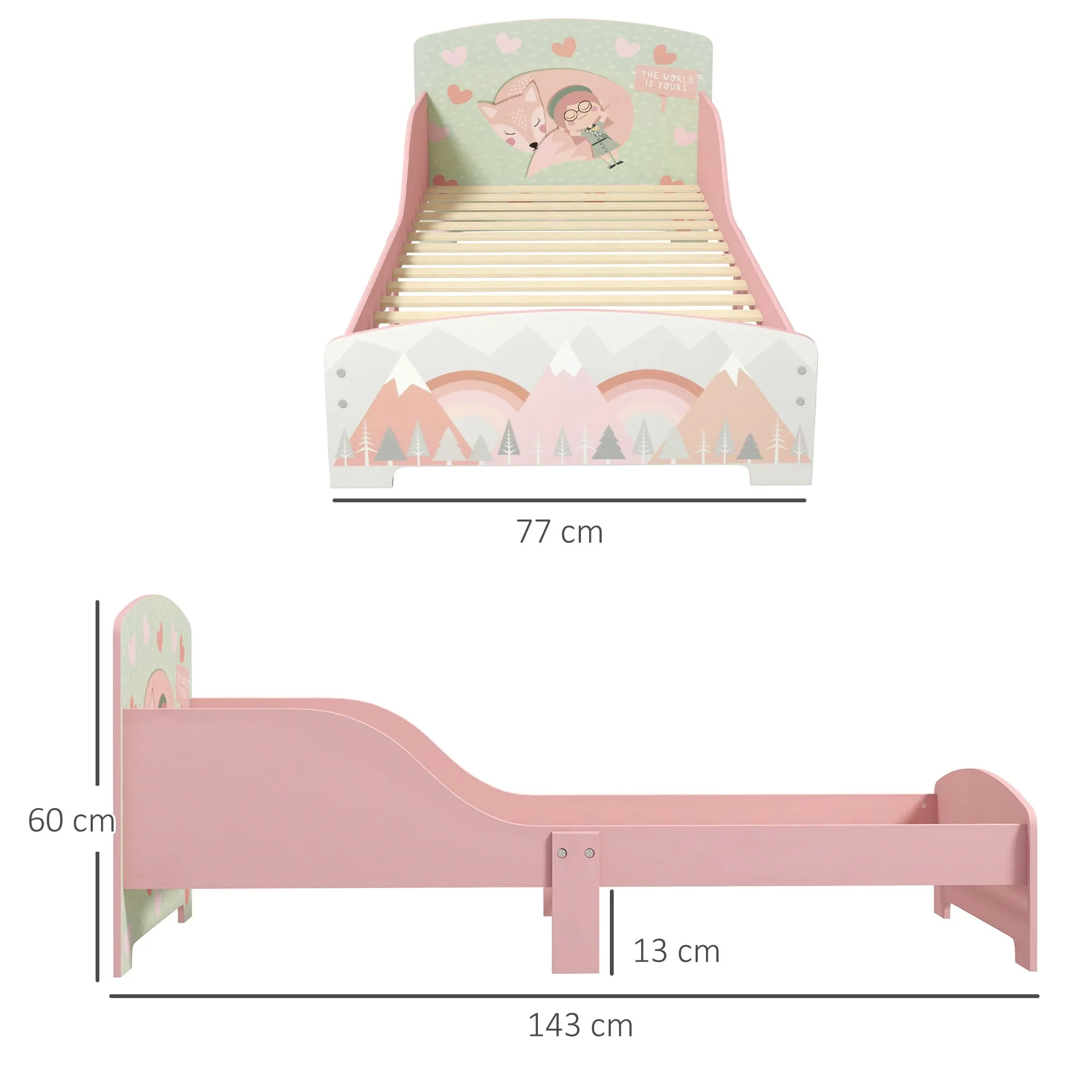 Children's Bed for 3-6 Years with Raised Edges, Slats and Animal Print, 140x70 cm, Pink - Image 3