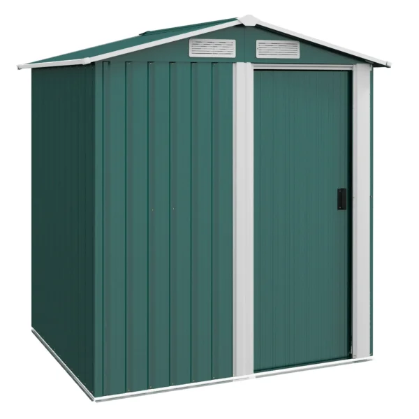 Steel Garden Shed with Sloped Roof and 4 Air Vents, 152x132x188 cm, Green